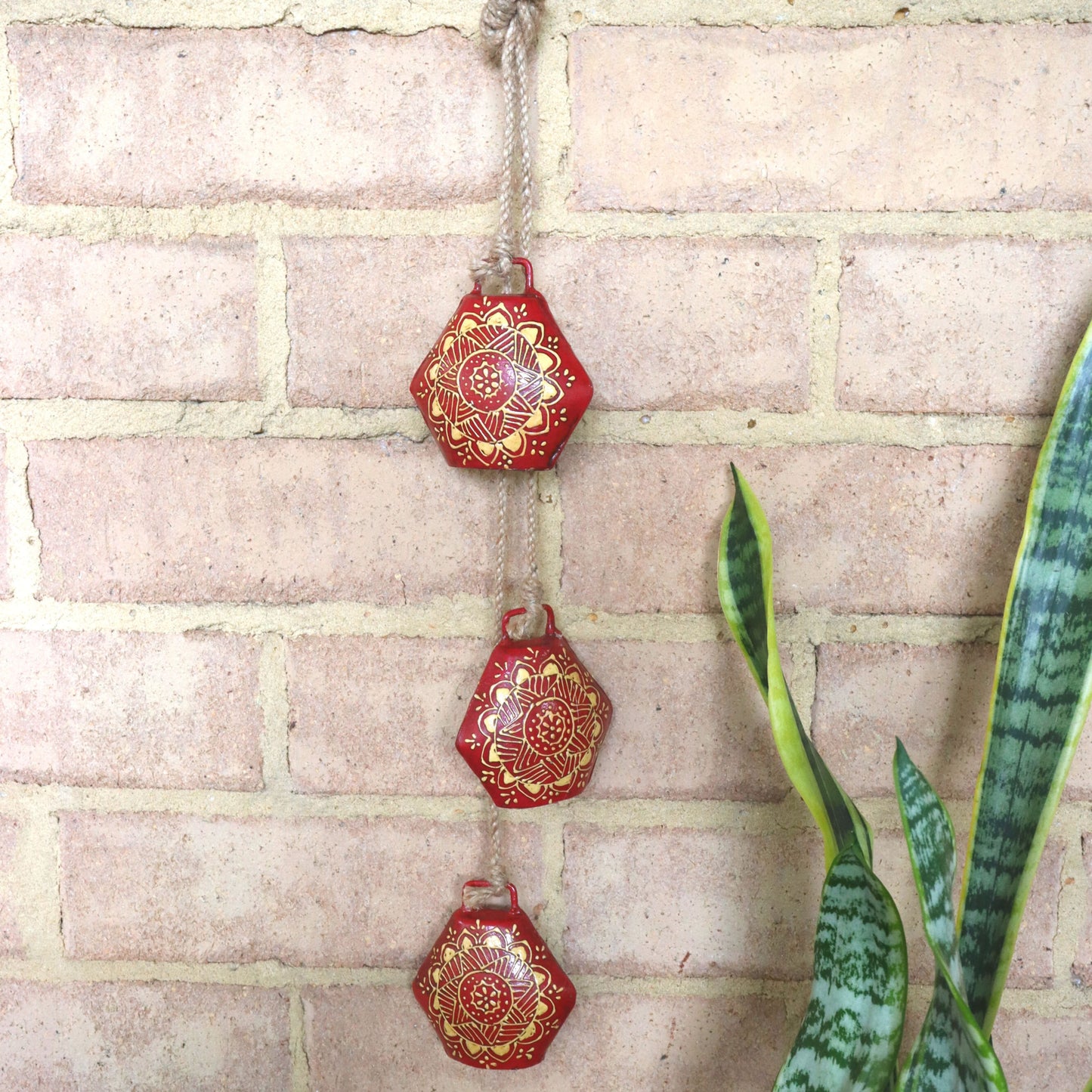 Set of 3 Red Cow Bells - Gold Motif, Hand Painted, Decorative Wall Hanging - Aksa Home Decor 