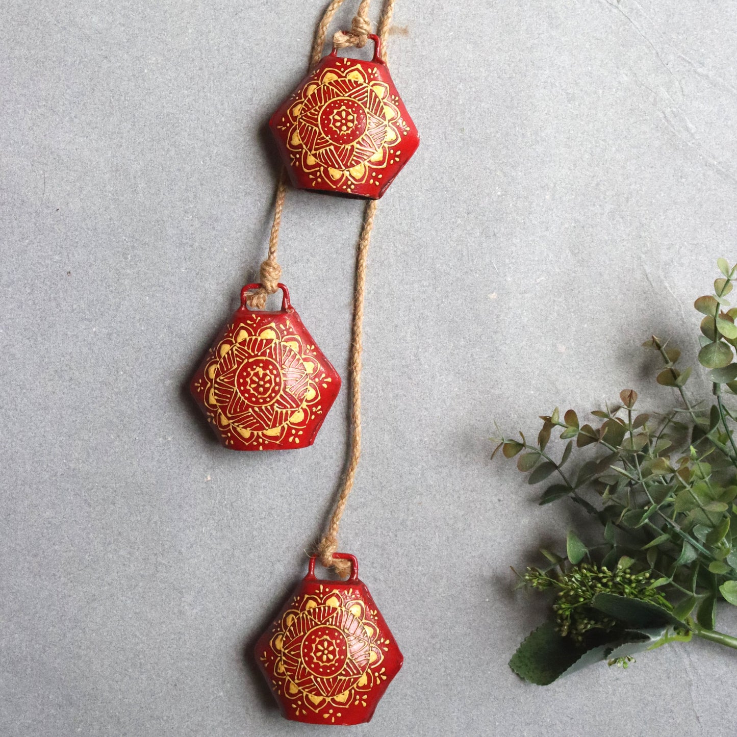 Set of 3 Red Cow Bells - Gold Motif, Hand Painted, Decorative Wall Hanging - Aksa Home Decor