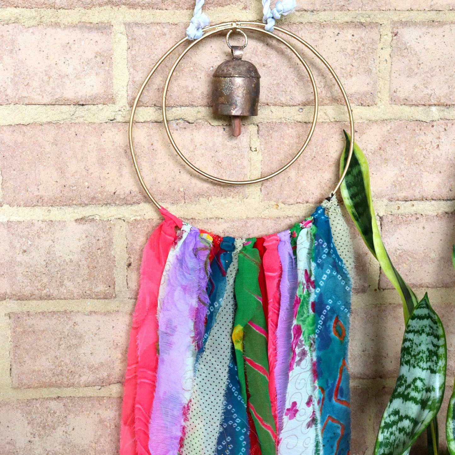 Surya Circle Chime with Rustic Bell - Metal, Assorted Cloth Tassels, Handmade, Twisted sari hanging loop - Aksa Home Decor
