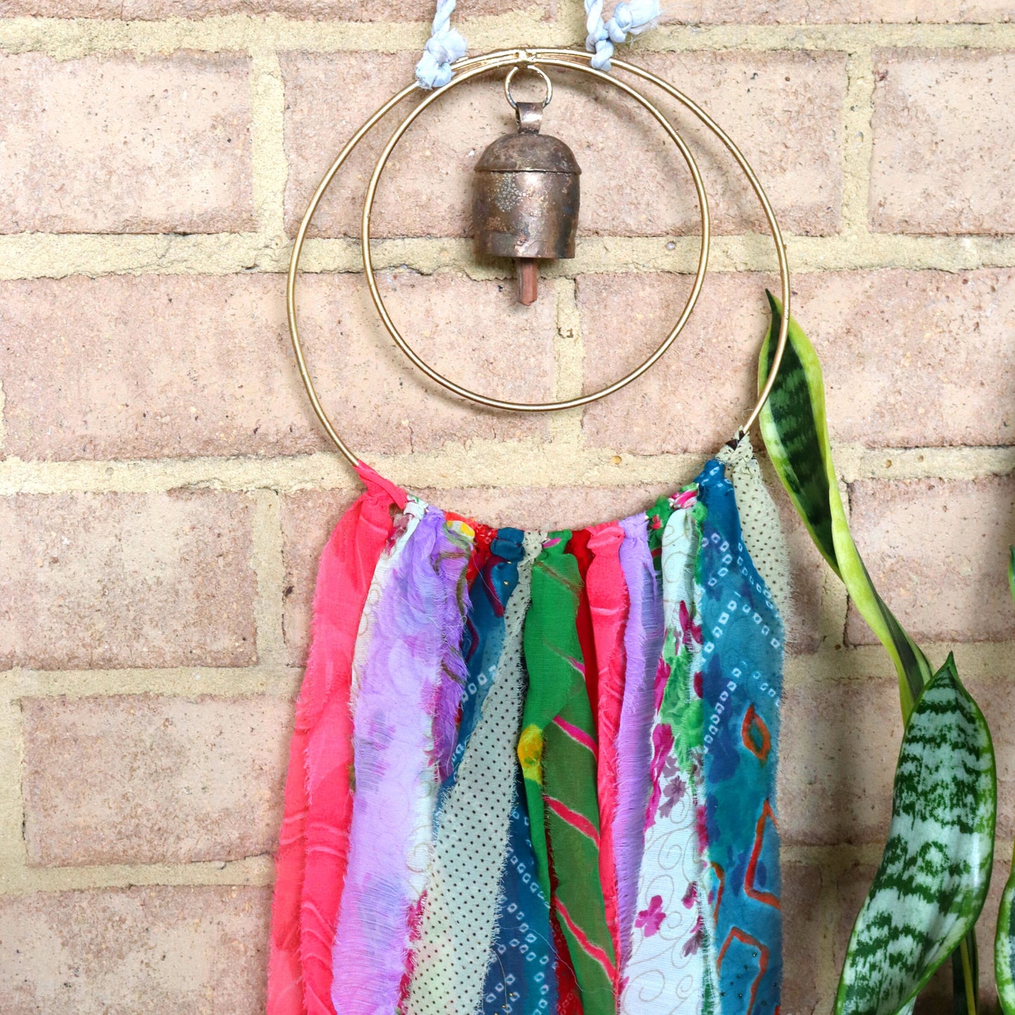 Surya Circle Chime with Rustic Bell - Metal, Assorted Cloth Tassels, Handmade, Twisted sari hanging loop - Aksa Home Decor 