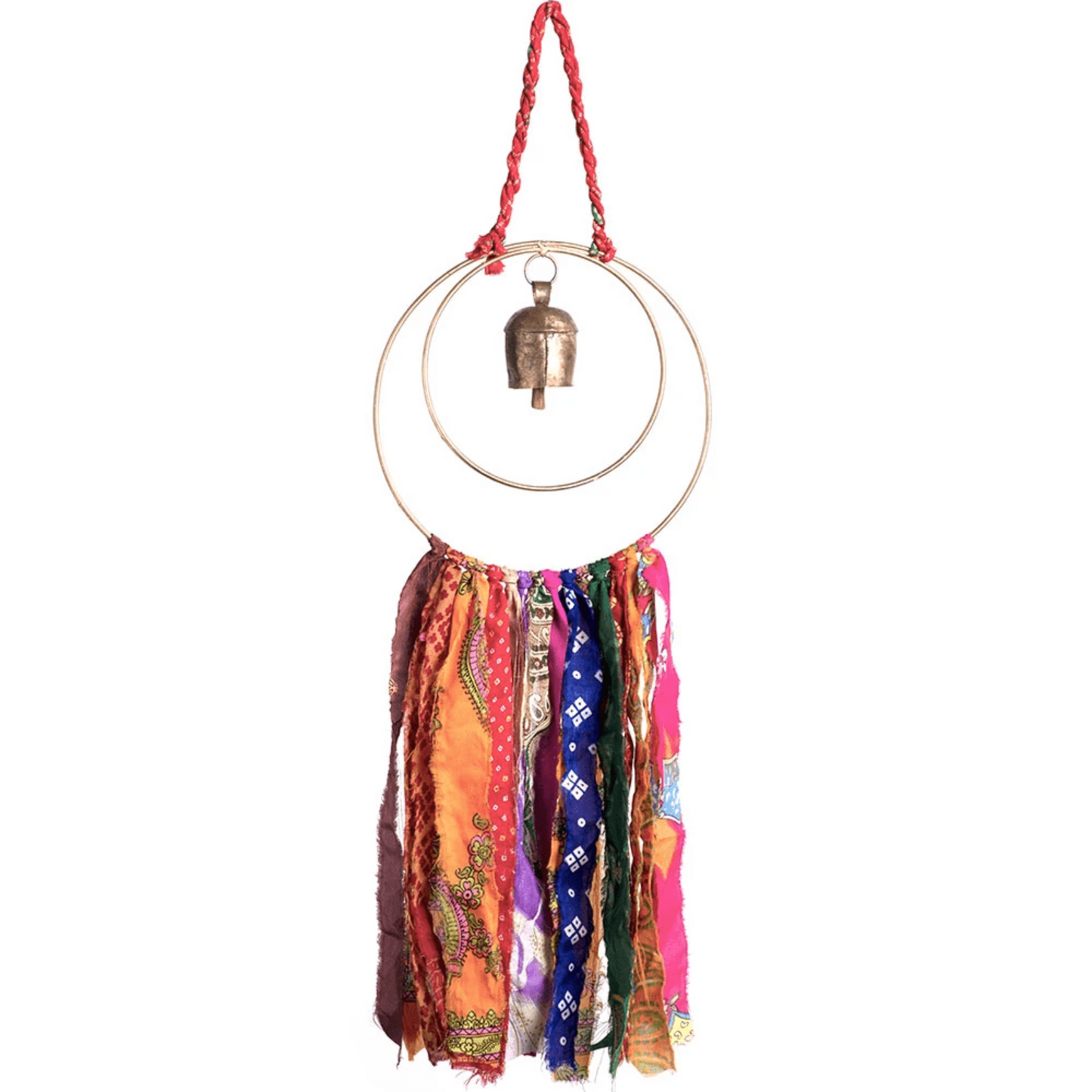 Surya Circle Chime with Rustic Bell - Metal, Assorted Cloth Tassels, Handmade, Twisted sari hanging loop - Aksa Home Decor 