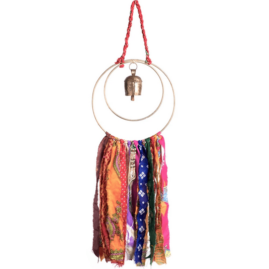 Surya Circle Chime with Rustic Bell - Metal, Assorted Cloth Tassels, Handmade, Twisted sari hanging loop - Aksa Home Decor