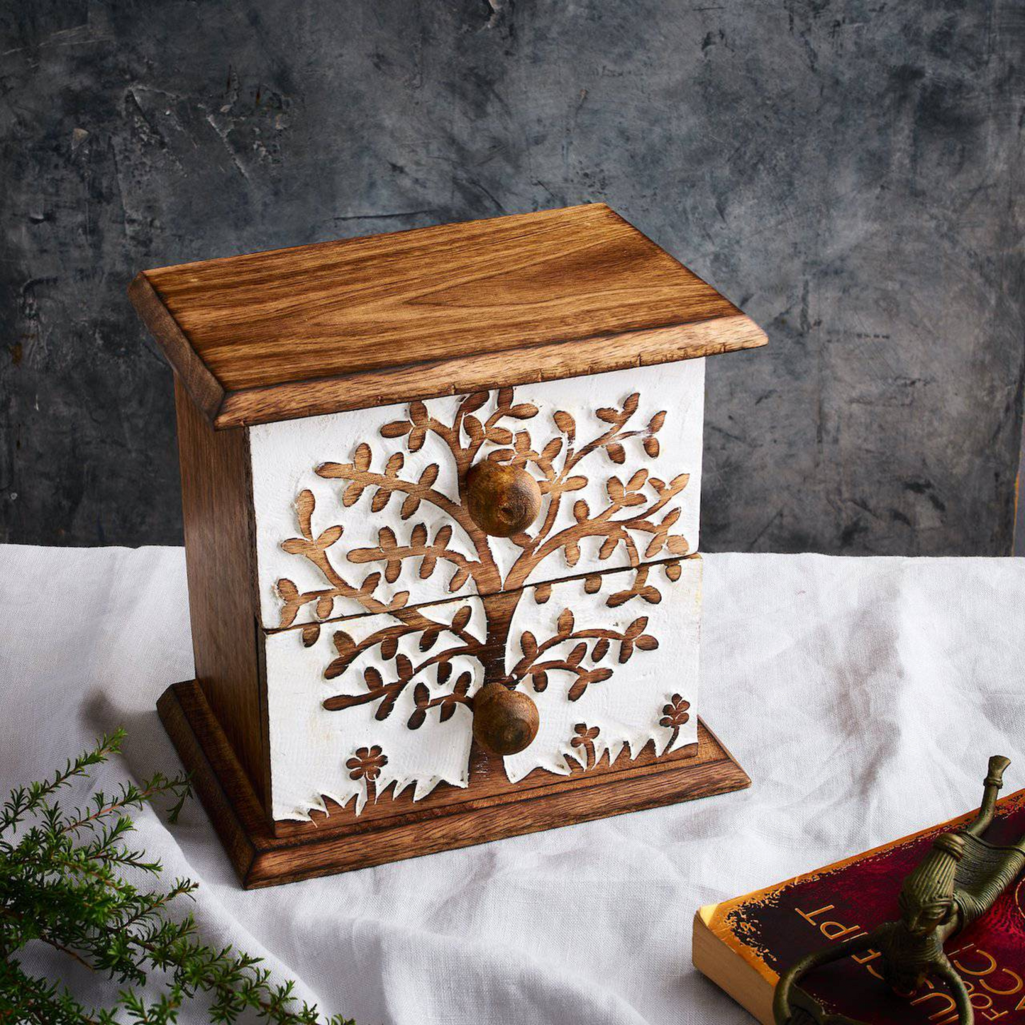 Tree of Life Engraved Jewellery Box - 2 Drawer, Whitewashed, 19 cm Hgt - Aksa Home Decor