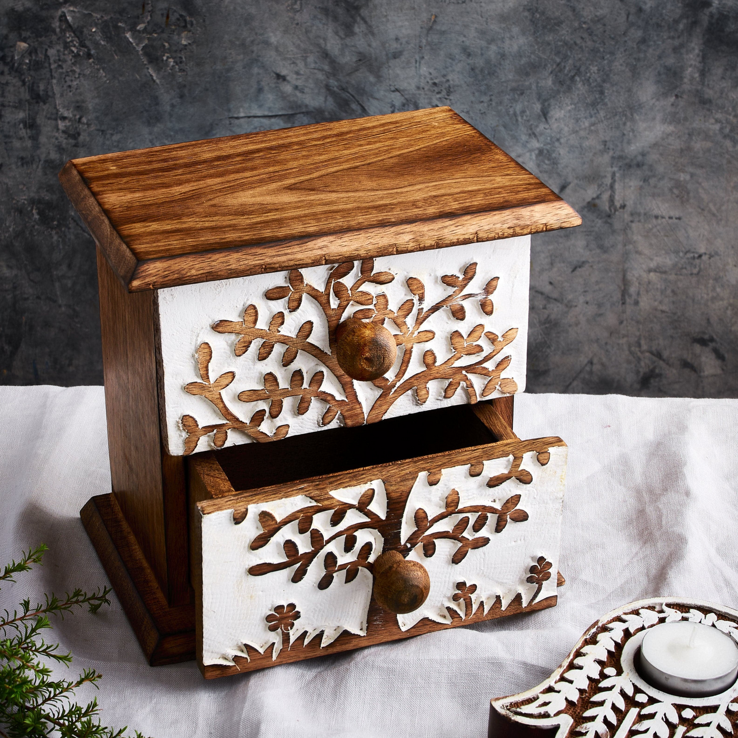 Tree of Life Engraved Jewellery Box - 2 Drawer, Whitewashed, 19 cm Hgt - Aksa Home Decor