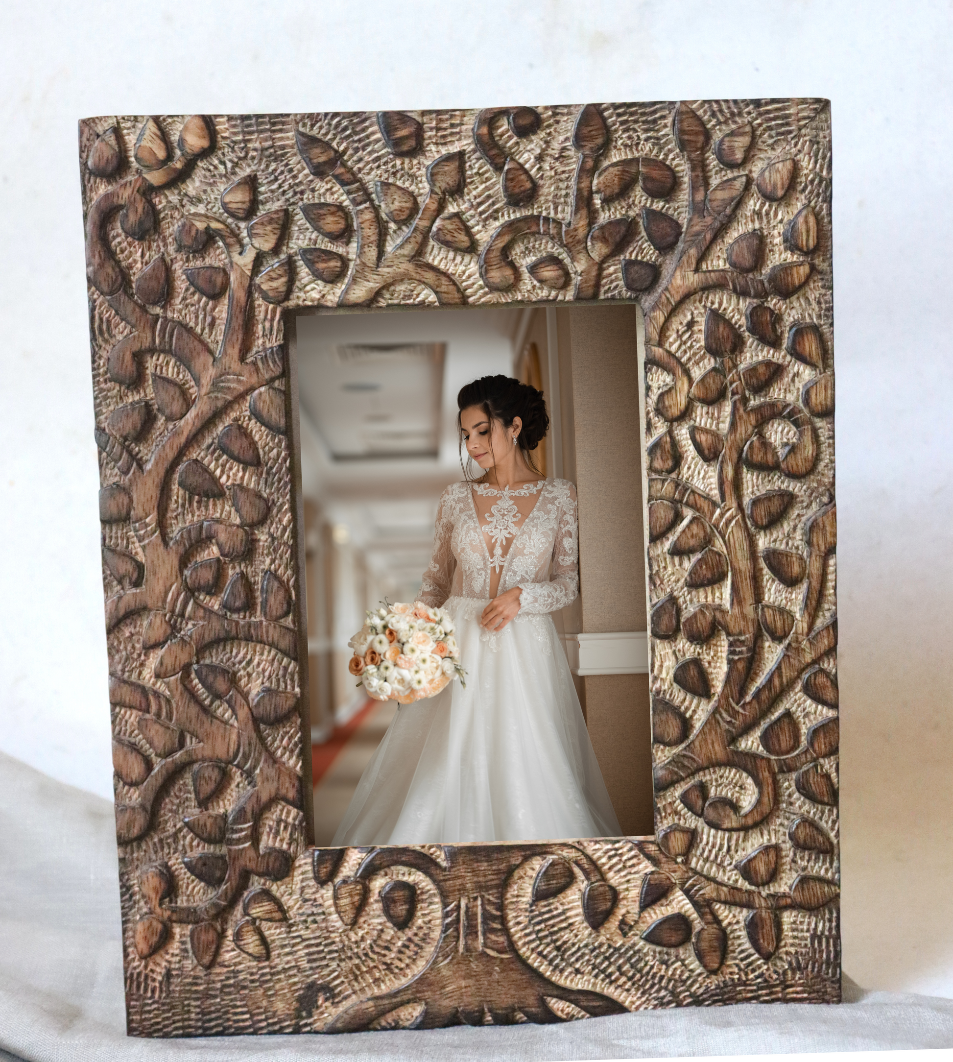Tree of Life Wood Photo Frame - 6" x 4" Picture, Portrait, Desk Display, Bohemian - Aksa Home Decor