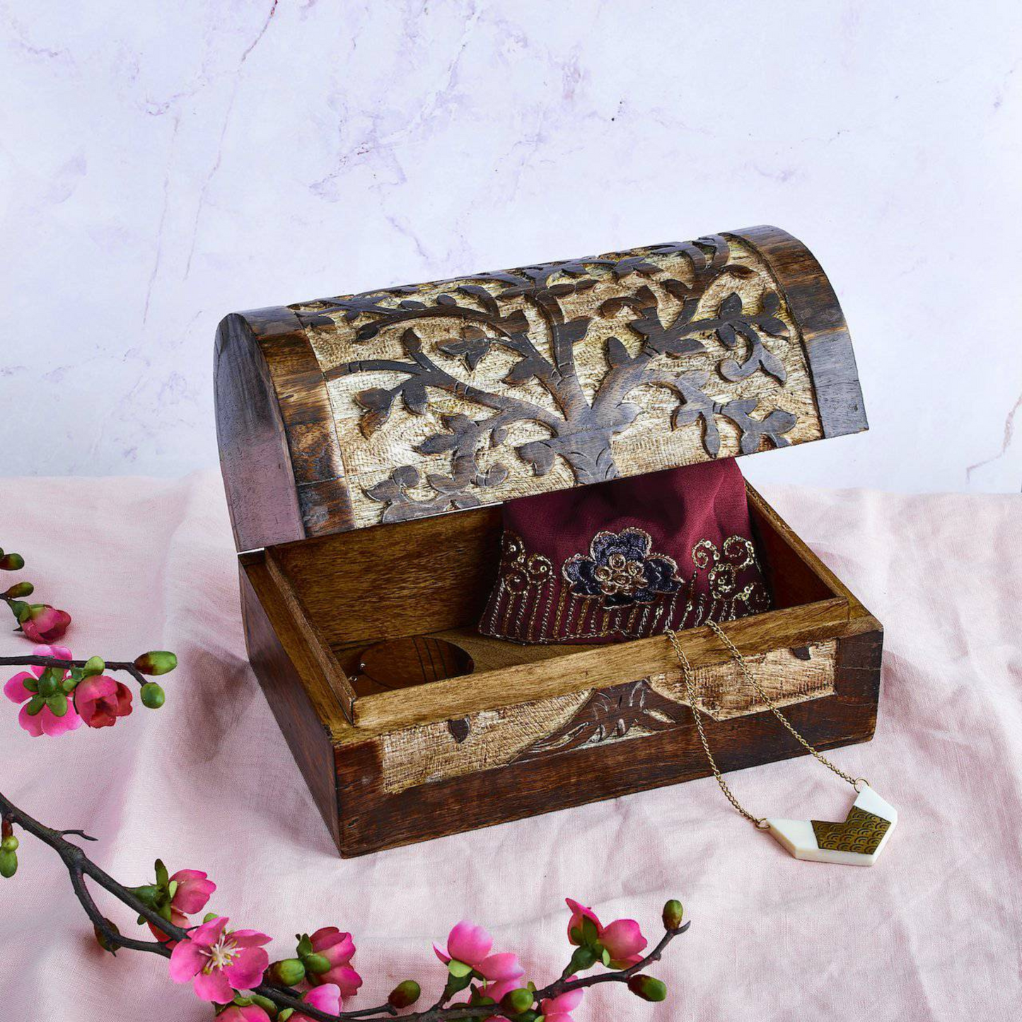 Tree of Life Wood Treasure Chest - Vintage, Keepsake, Jewellery Storage, Holder - Aksa Home Decor
