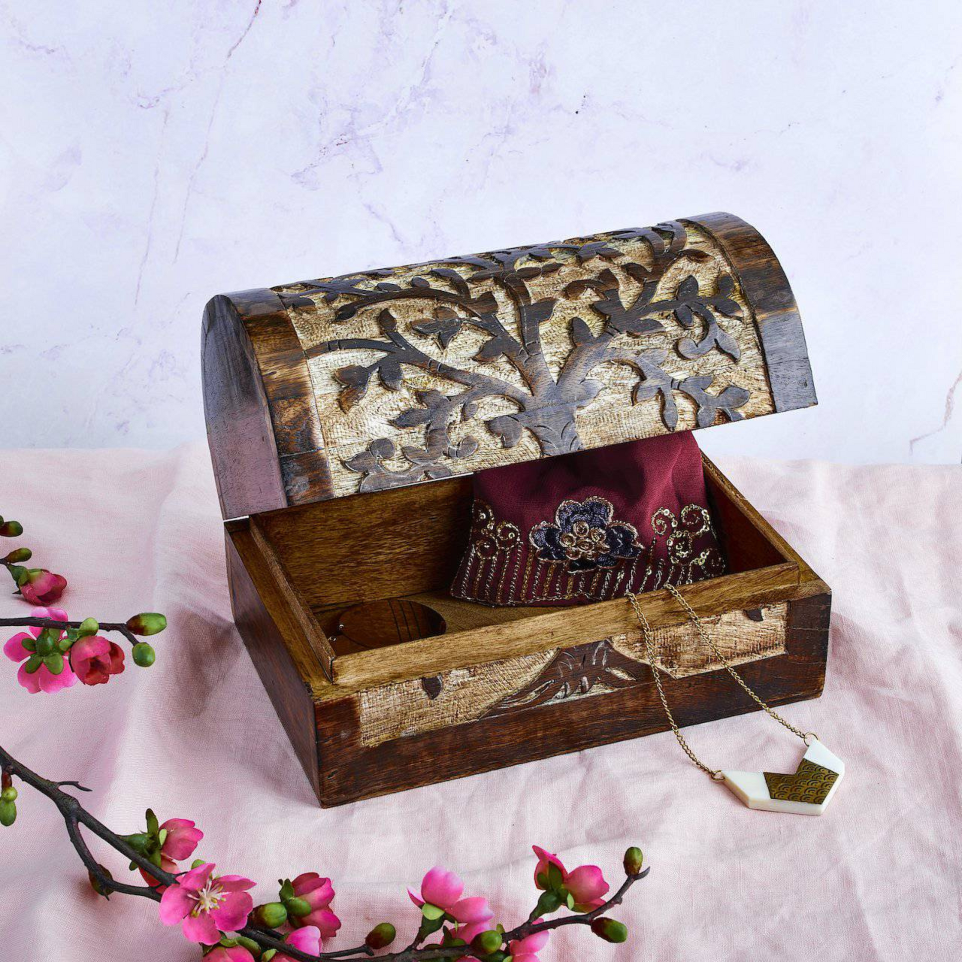 Tree of Life Wood Treasure Chest - Vintage, Keepsake, Jewellery Storage, Holder - Aksa Home Decor 