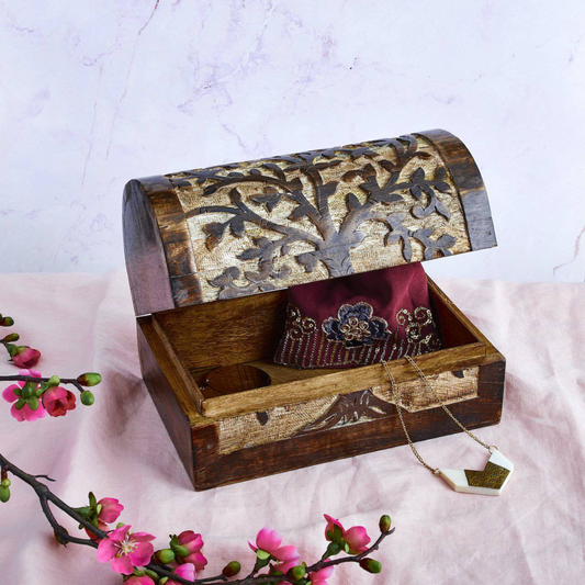 Tree of Life Wood Treasure Chest - Vintage, Keepsake, Jewellery Storage, Holder - Aksa Home Decor