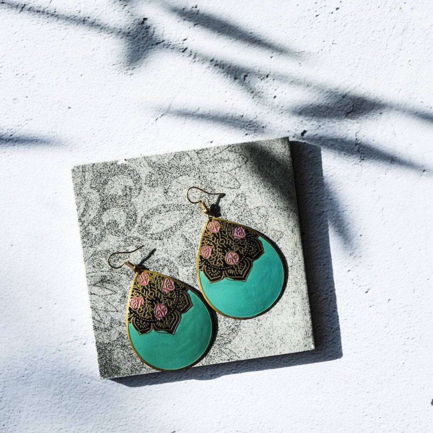 Turquoise Teardrop Earrings - Aqua, Black & Pink Motif, Brass, Bohemian - Aksa Home Decor