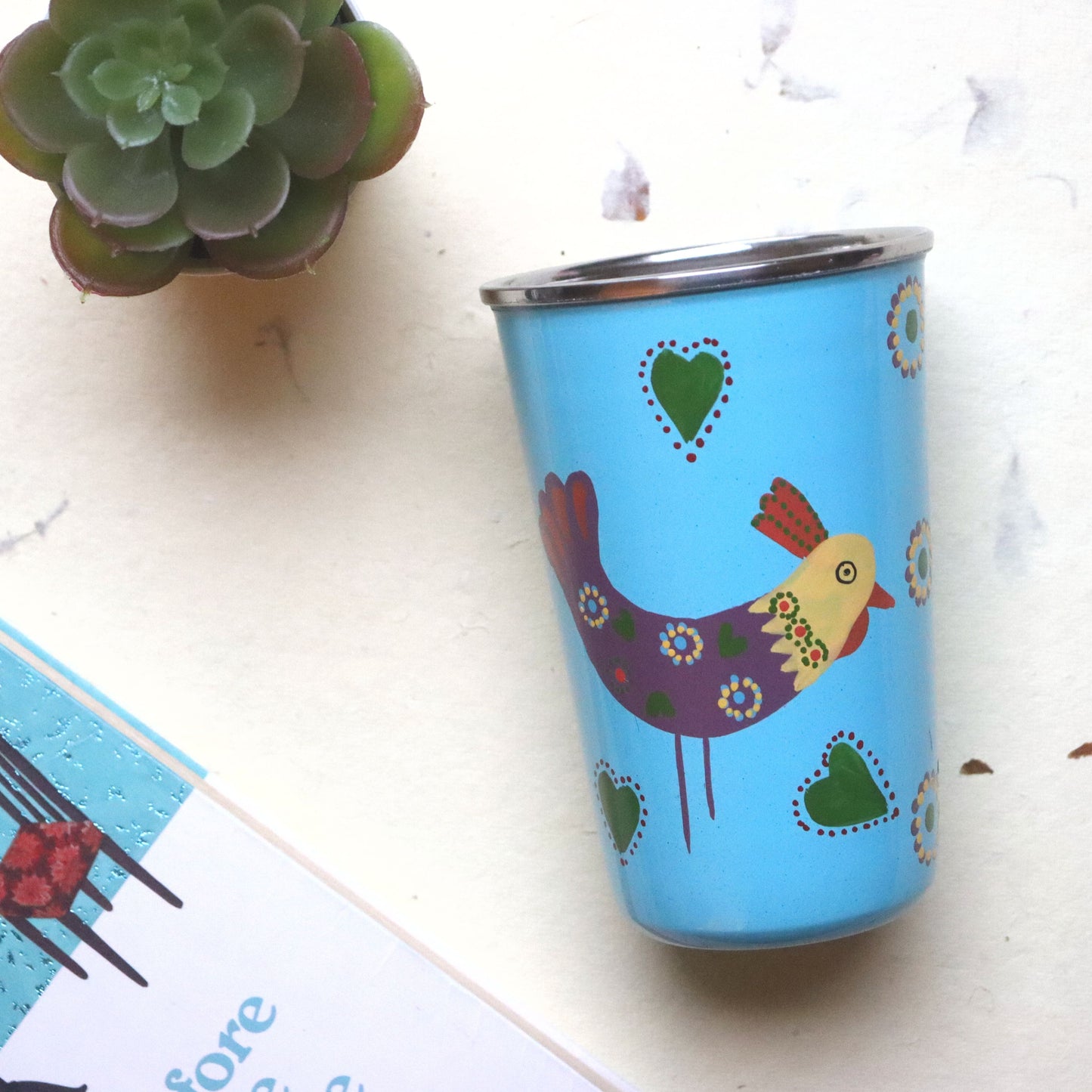 Vibrant Bird Tumbler/ Metal cup - Blue, 400 ml, 12 cm, Enamelware glass - Aksa Home Decor
