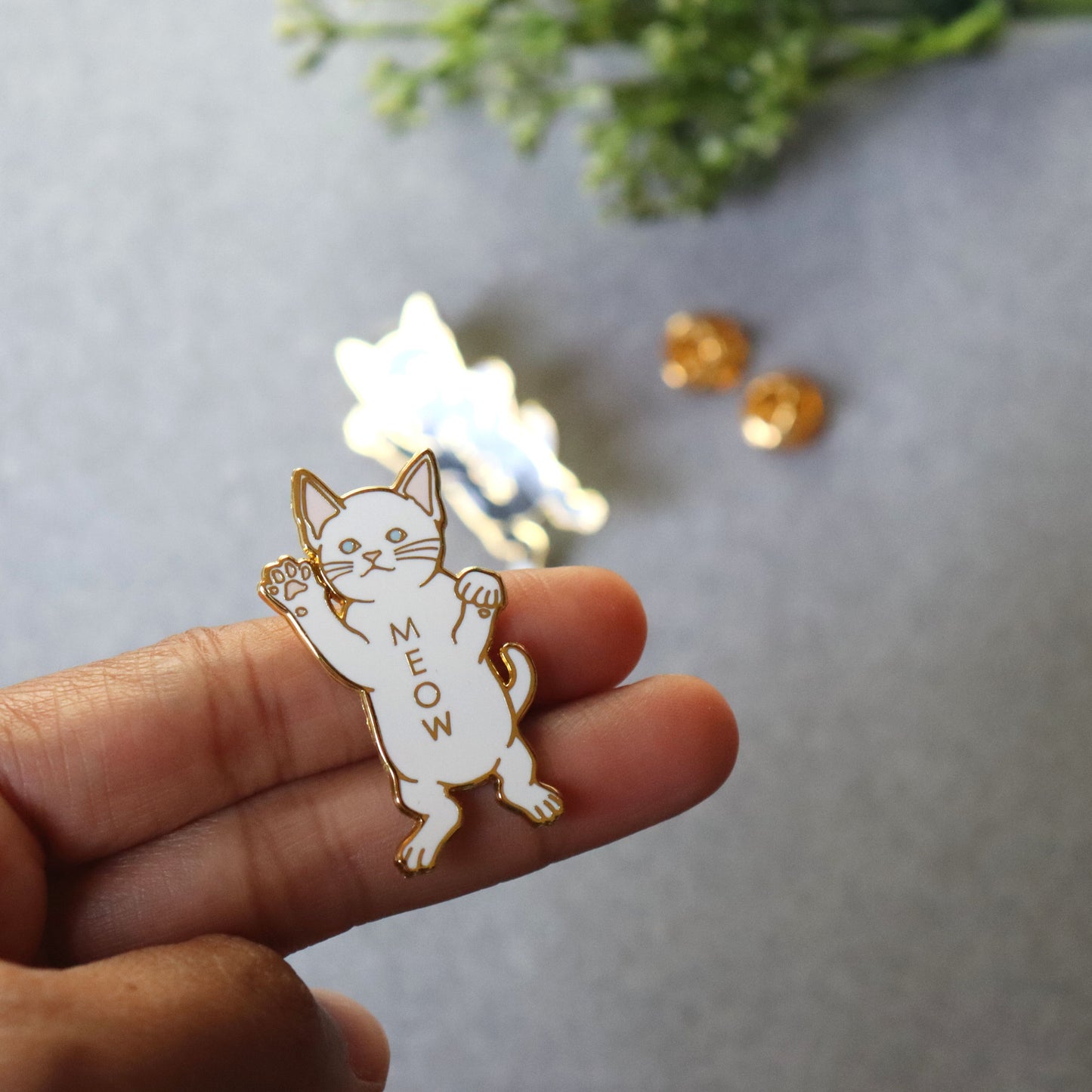 White Cat Pin Enamel - Meow Brooch, Feline Lapel, Animal Badge for Shirt, Backpack Bag - Aksa Home Decor