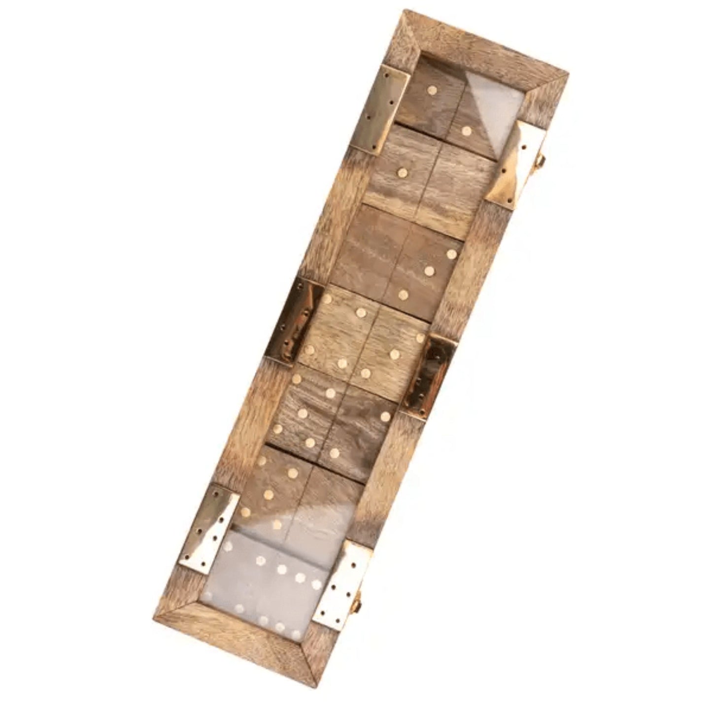 Wood & Brass Domino Game Box - Glass Lid, 20 Dominos, Handcrafted - Aksa Home Decor