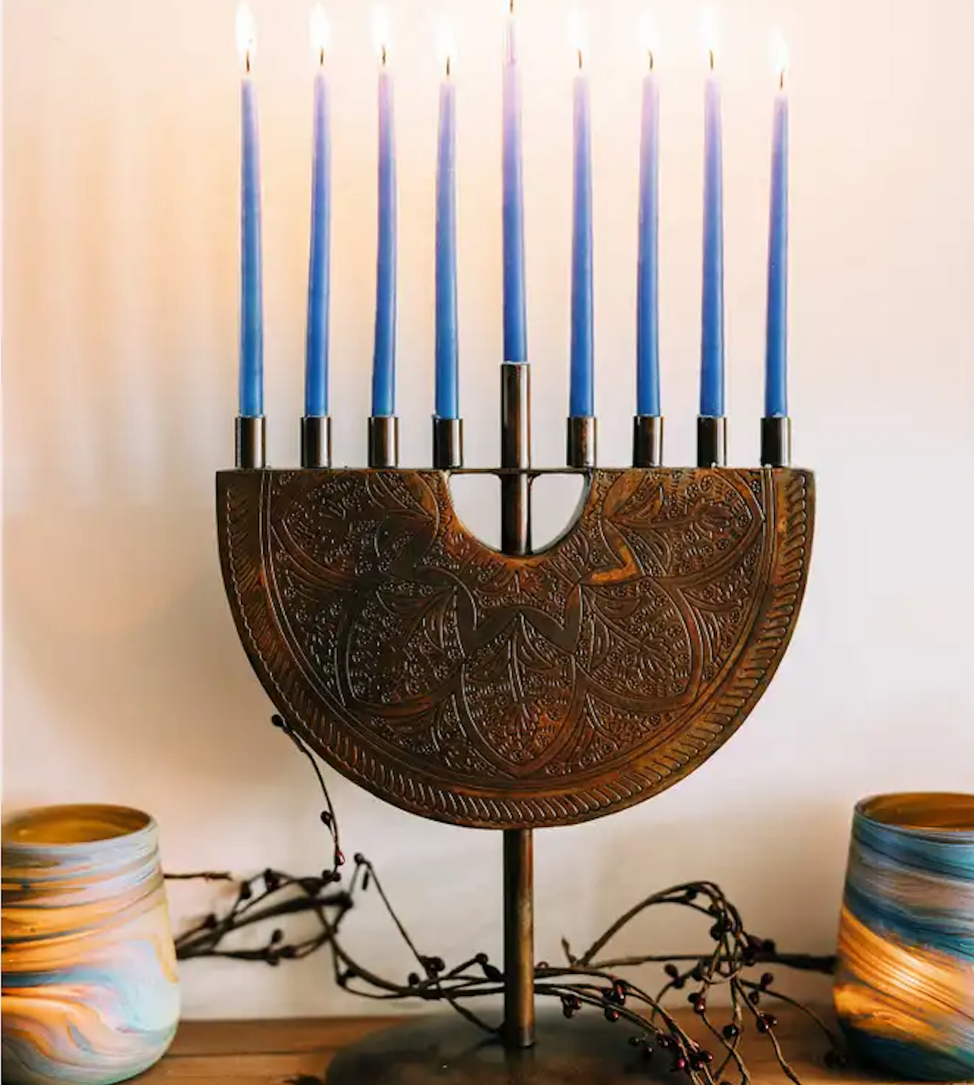 Engraved Iron Menorah - 9 Candle Chanukah, Jewish Hanukkah Lamp Holder - Aksa Home Decor