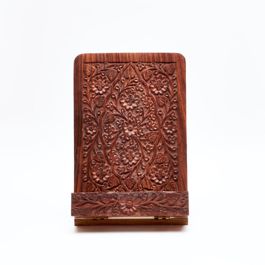 Floral Countertop Carved Wood Stand - Tablet, iPad, Book - Aksa