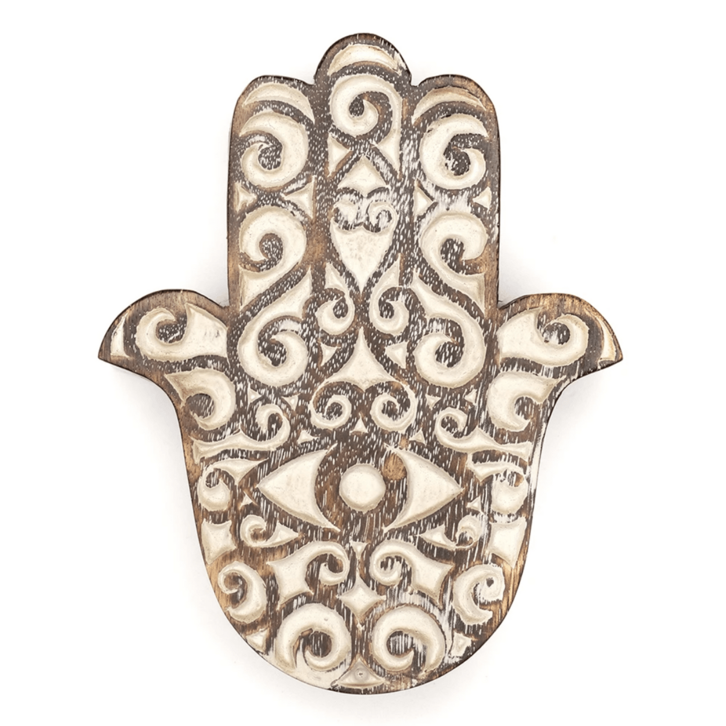 Hamsa Antique Finish Wood Jewellery Storage Box - Whitewashed - Aksa