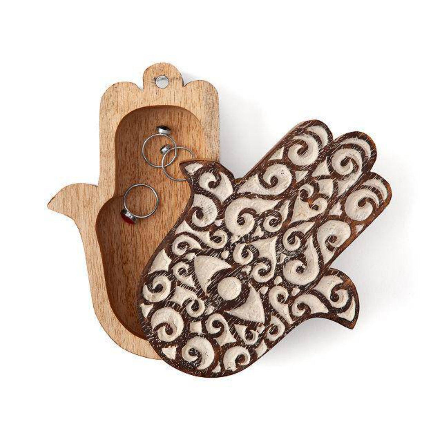 Hamsa Antique Finish Wood Jewellery Storage Box - Whitewashed - Aksa
