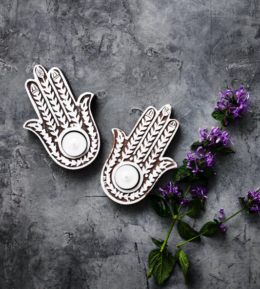 Hamsa Tealight Wood Holder - Whitewashed finish, 18.5 cm, Handcrafted - Aksa