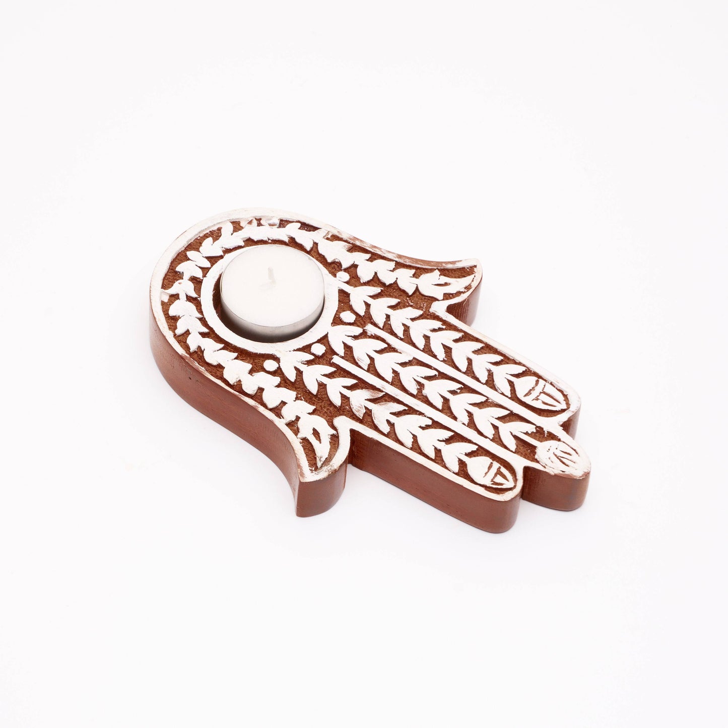 Hamsa Tealight Wood Holder - Whitewashed finish, 18.5 cm, Handcrafted - Aksa