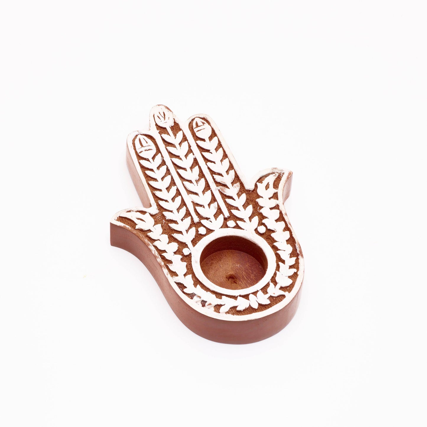 Hamsa Tealight Wood Holder - Whitewashed finish, 18.5 cm, Handcrafted - Aksa