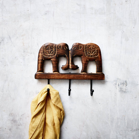 Hand-carved Elephant Wall Wooden Hanger - 3 Hooks, Mounted - Aksa