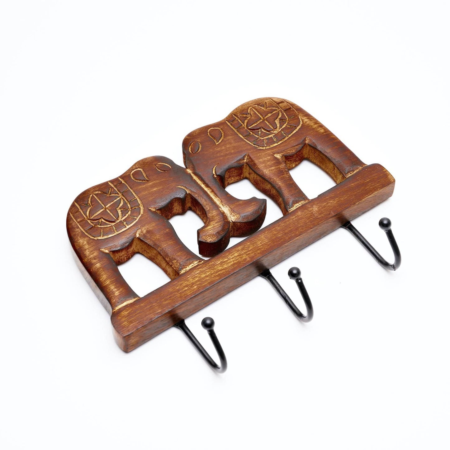 Hand-carved Elephant Wall Wooden Hanger - 3 Hooks, Mounted - Aksa