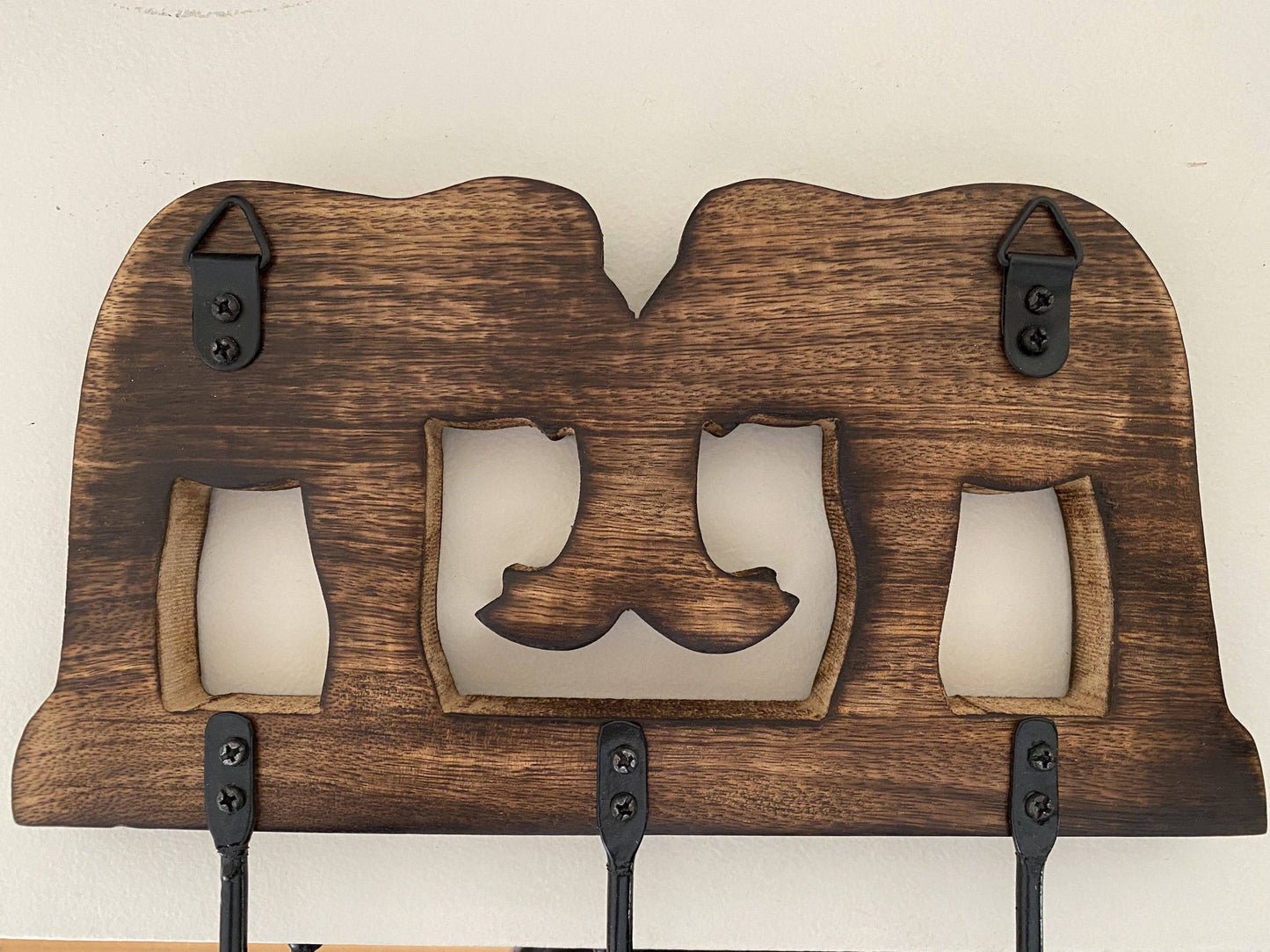 Hand-carved Elephant Wall Wooden Hanger - 3 Hooks, Mounted - Aksa