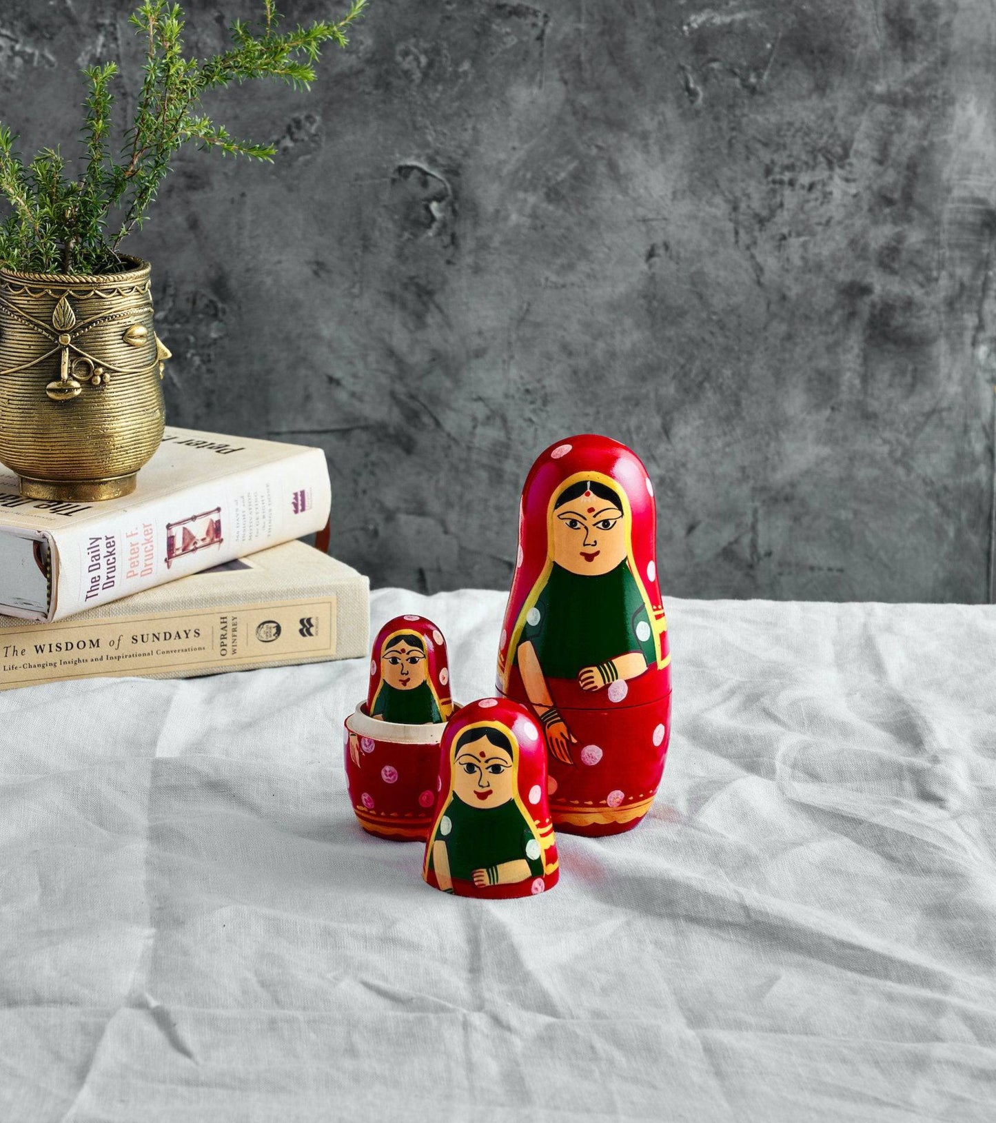 Handmade Indian Nested Dolls - Set of 3, Wood, Red - Aksa