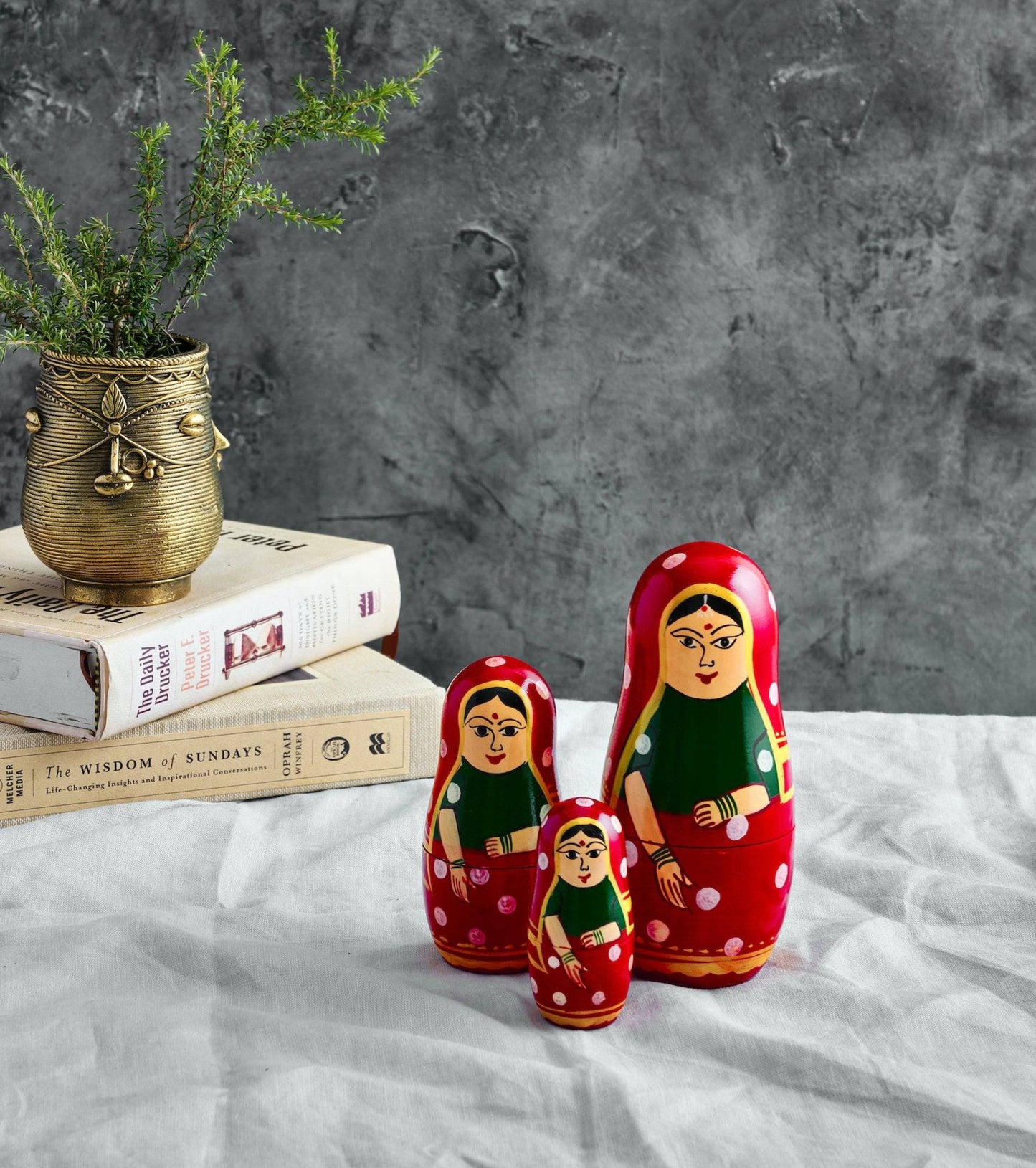 Handmade Indian Nested Dolls - Set of 3, Wood, Red - Aksa