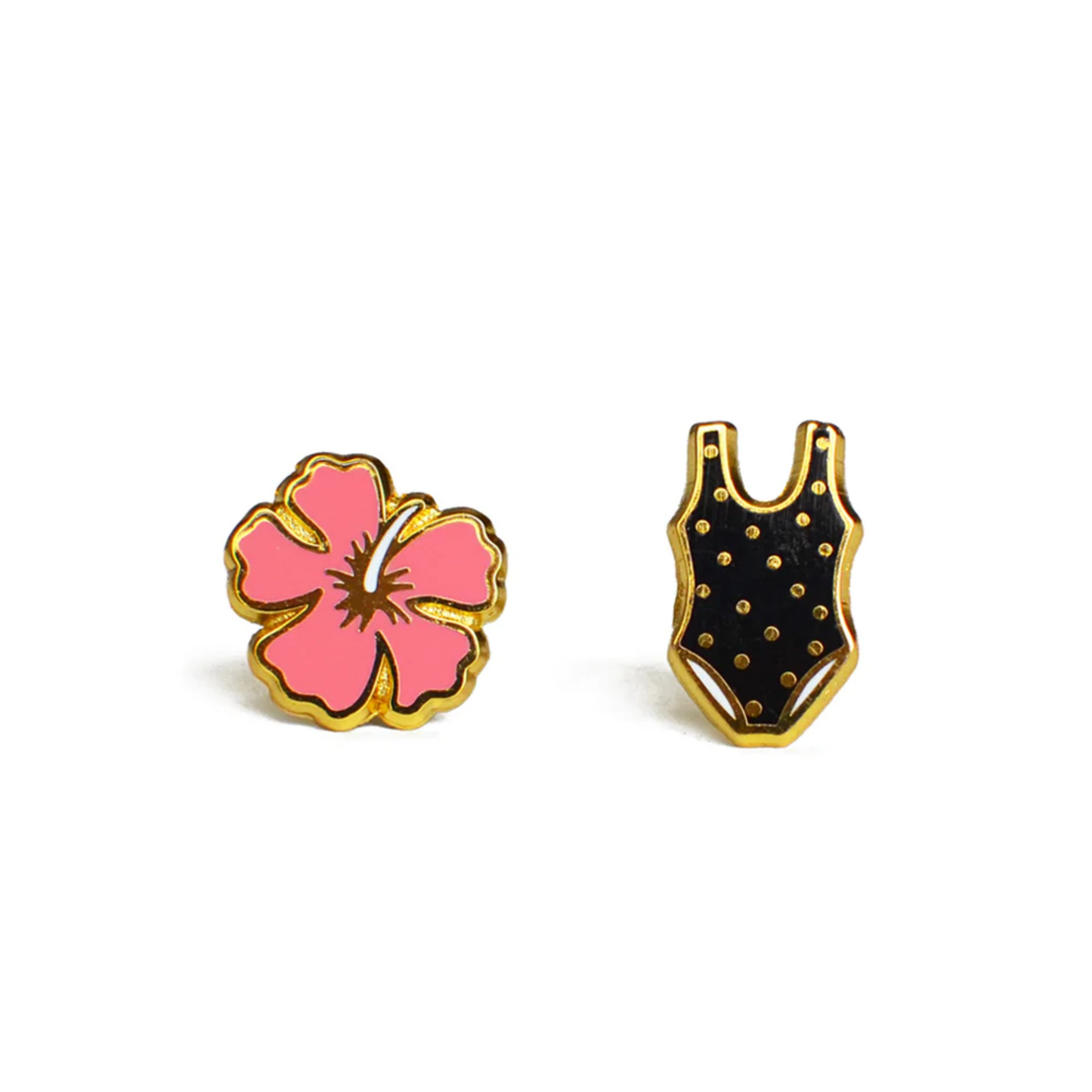 Hot Pink Hibiscus Flower & Black Beach Bikini Earrings - Chic, Stud, For Women, Kids, Teens, Tweens