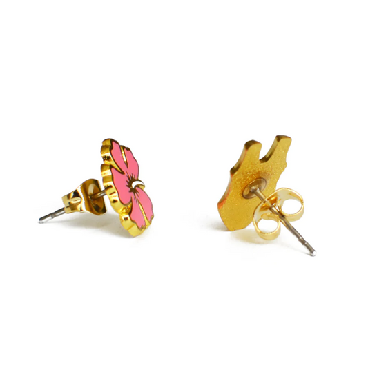 Hot Pink Hibiscus Flower & Black Beach Bikini Earrings - Chic, Stud, For Women, Kids, Teens, Tweens