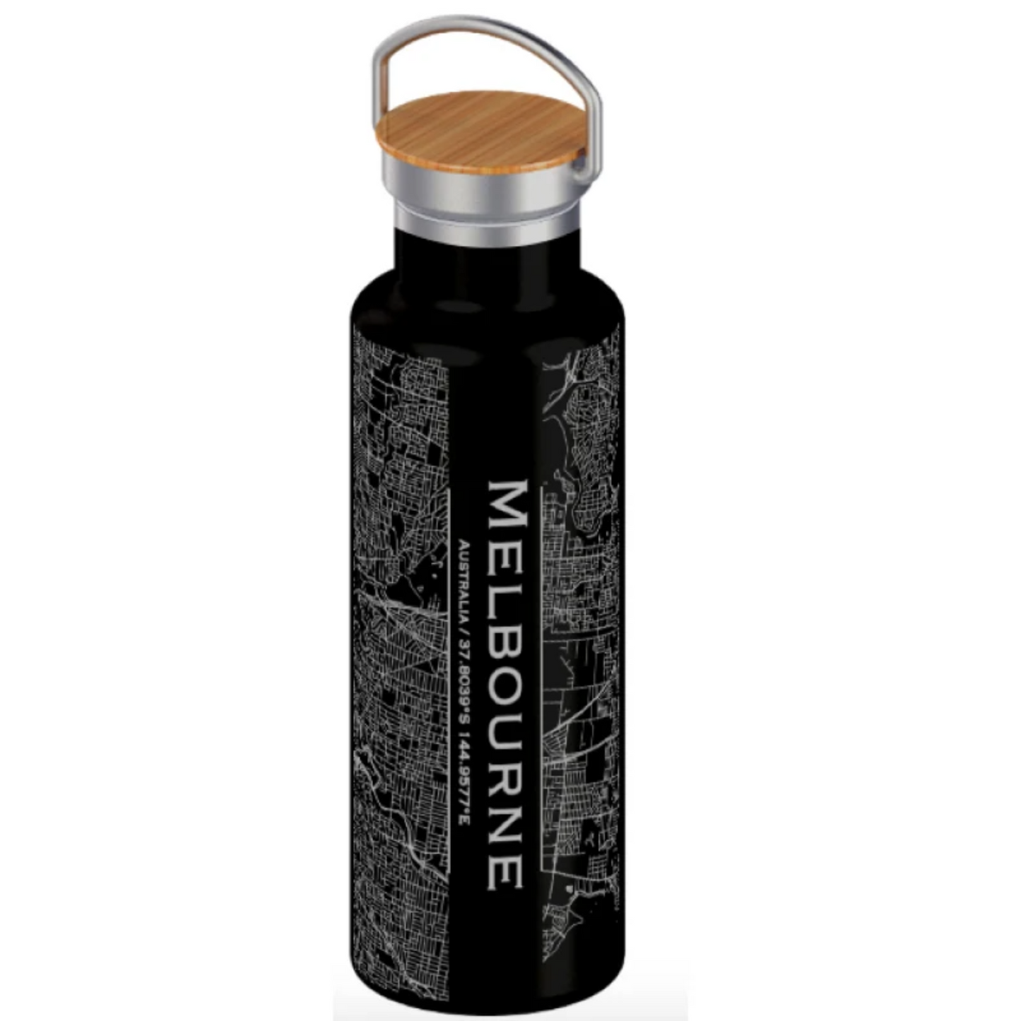Melbourne Engraved Map 20 oz Bottle - Matte Black, Stainless steel, Bamboo cap, Insulated