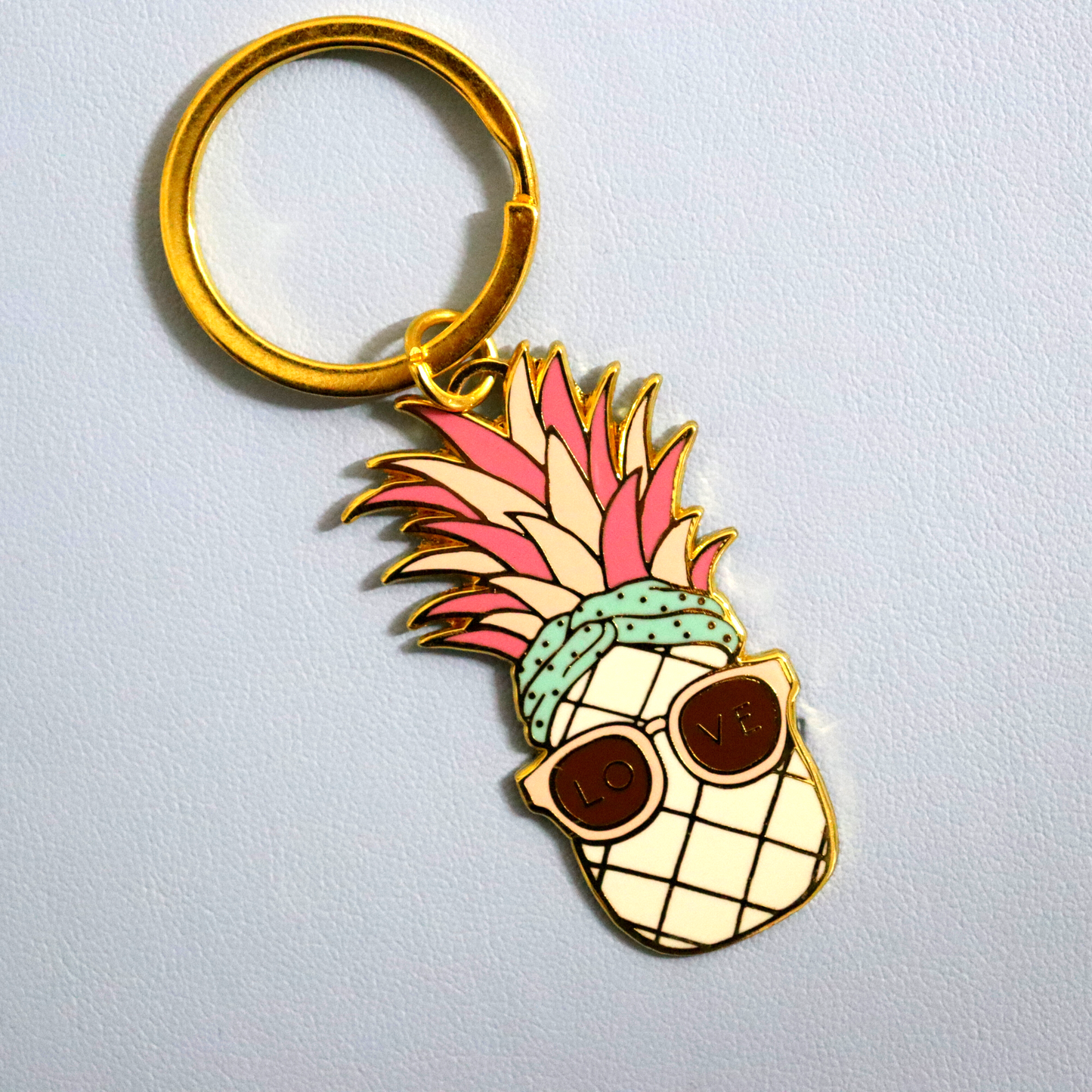 Pineapple Keychain - Enamel Keyring, Tropical Sunshine Fruit with Love Sunglasses - Aksa Home Decor