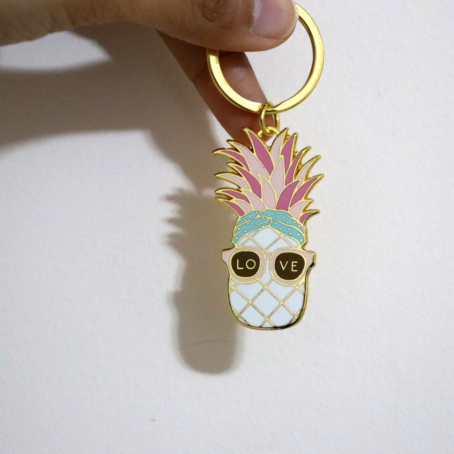 Pineapple Keychain - Enamel Keyring, Tropical Sunshine Fruit with Love Sunglasses - Aksa Home Decor