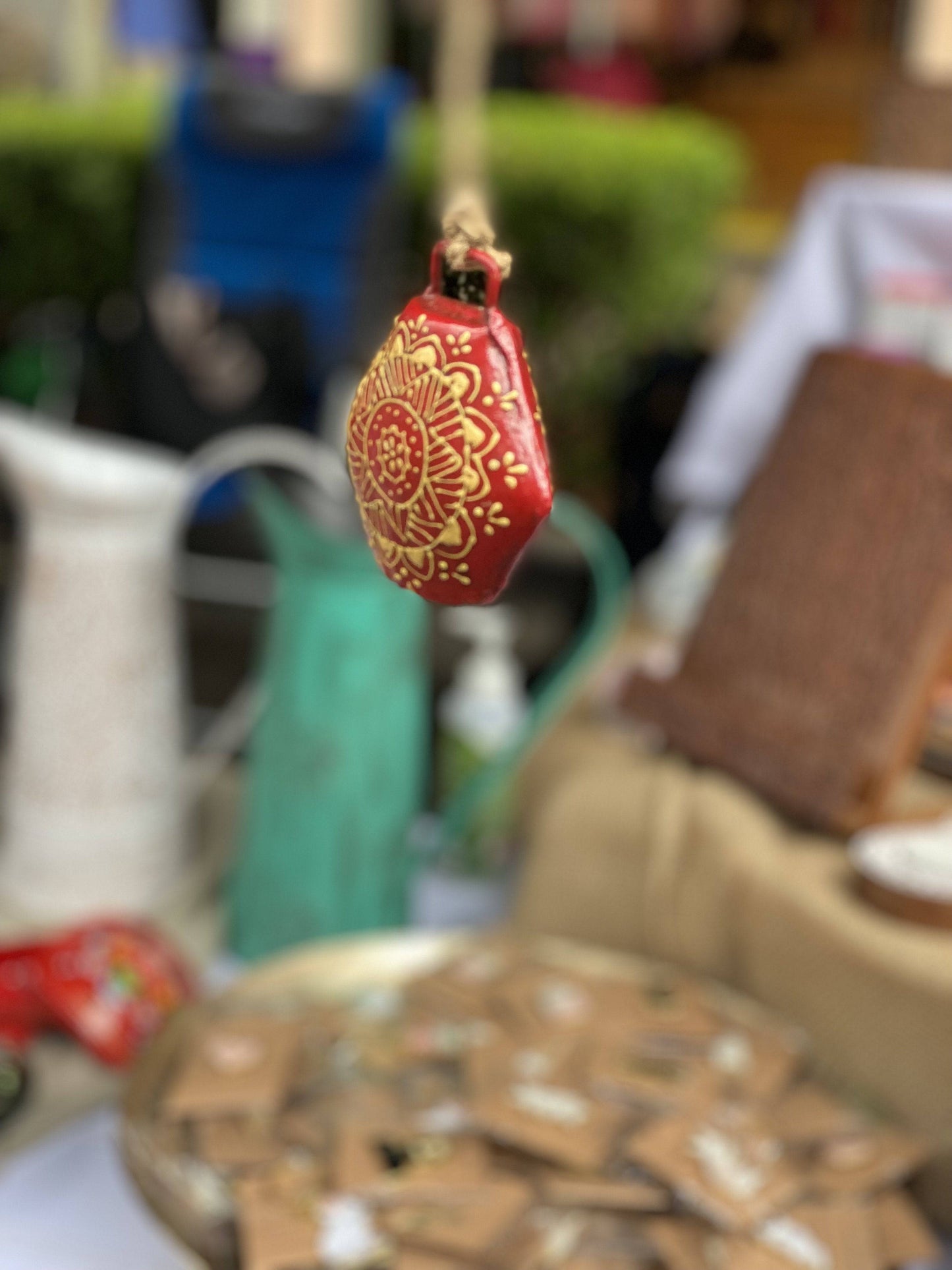 Set of 3 Hand Painted Red Bells - Gold Motif - Aksa