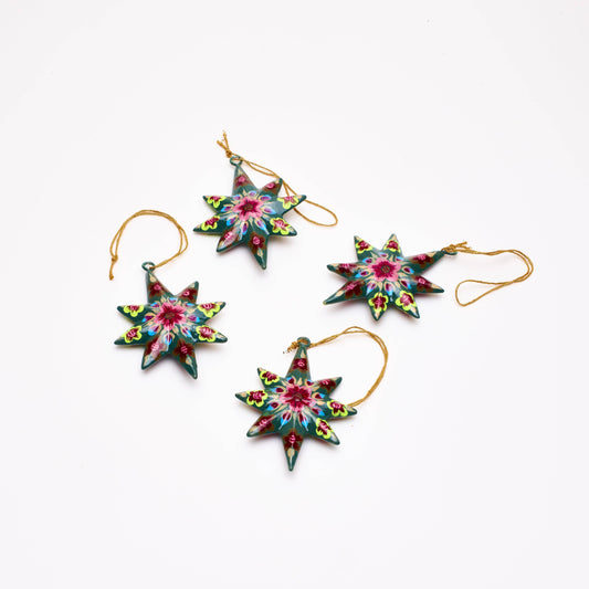 Xmas Ornament - Paper Mache Hand-painted Stars (set of 4) - Aksa