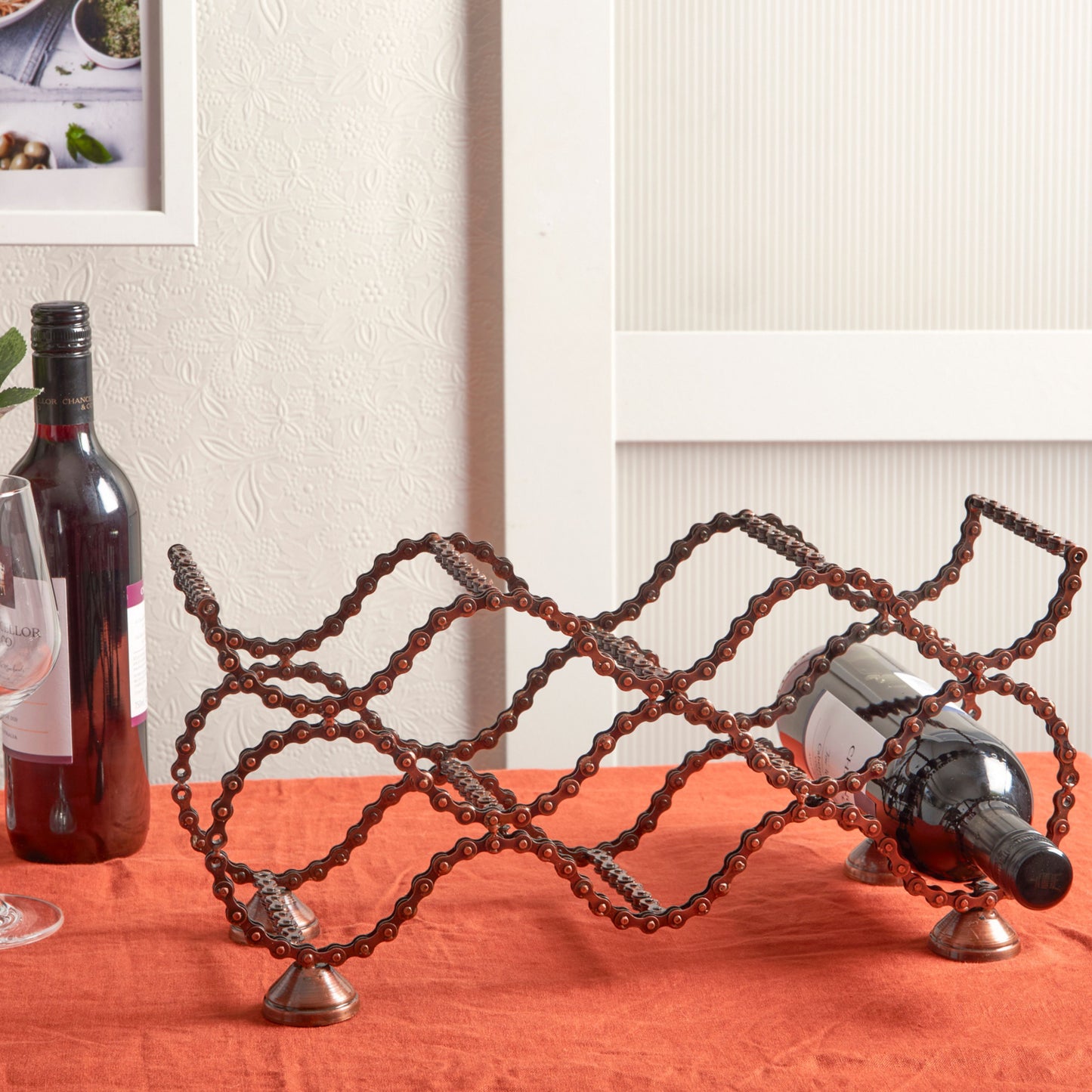 Upcycled Bicycle Chain 8 Wine Bottle Rack Rustic Holder - Handmade - Aksa Home Decor 