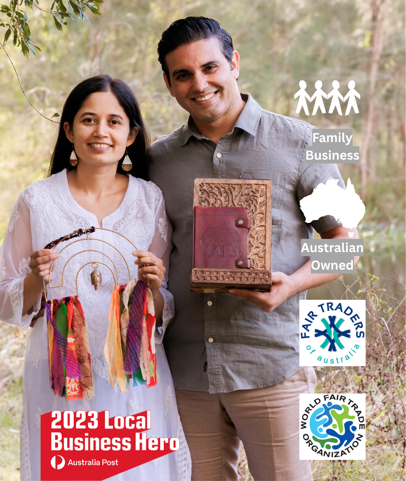 Aksa Home Decor Founders holding handmade items with Fair Trade certification logos in the background