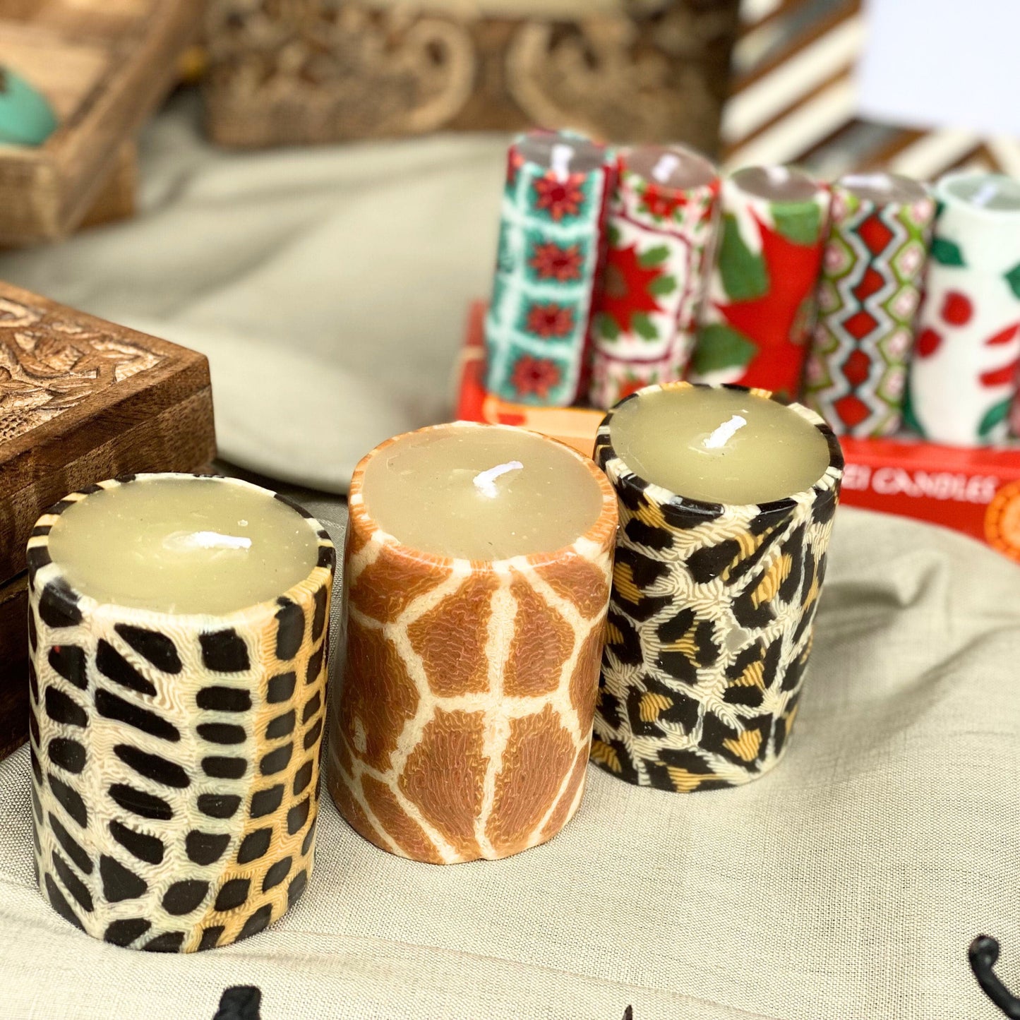 Animal Print Pillar Candles - Set of 3, Safari Jungle 7 cm, Fair Trade, Ethical - Aksa Home Decor 
