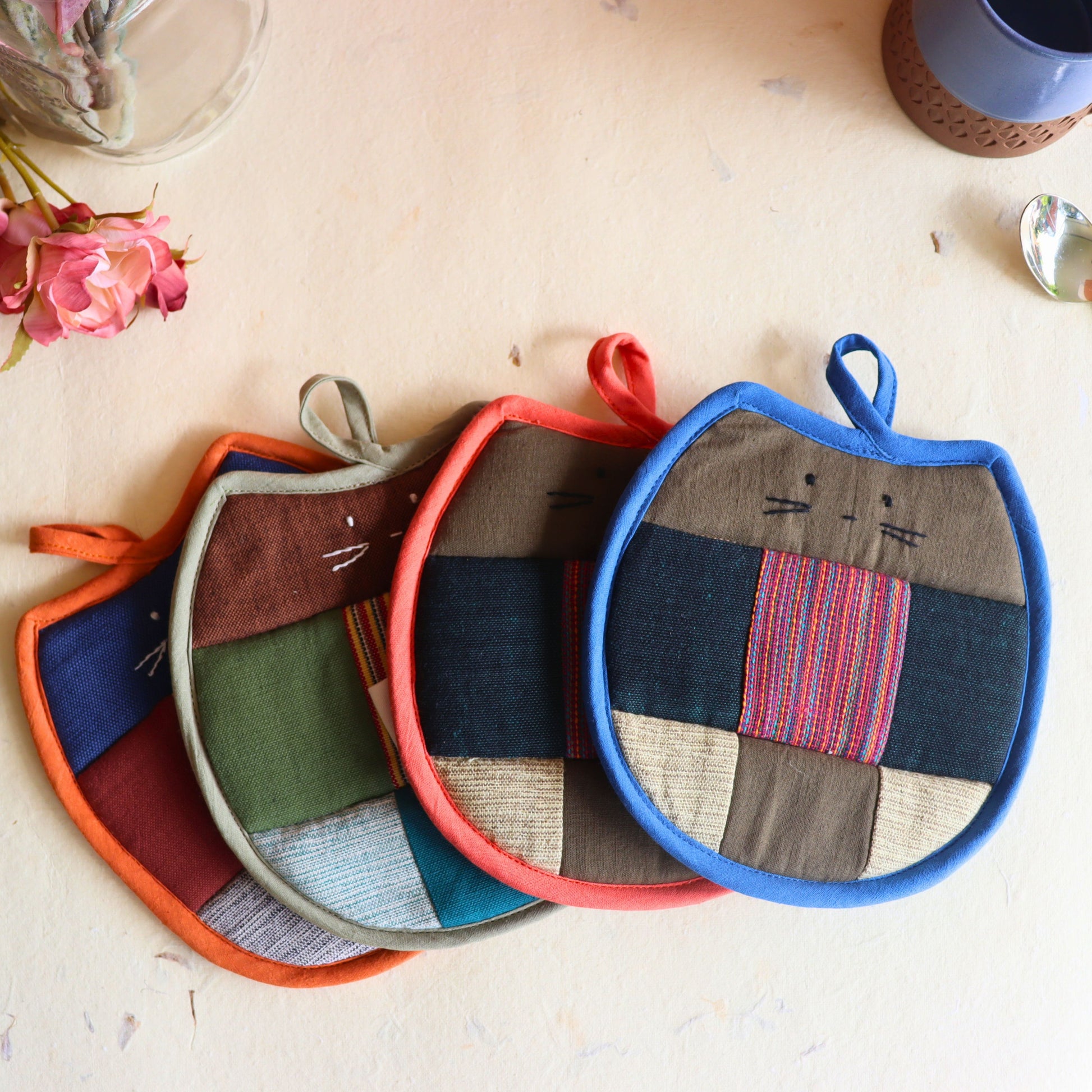 Assorted Colors Boho Cotton Cat Trivet | Handwoven Fair Trade Hot Pot Holder - Aksa Home Decor 