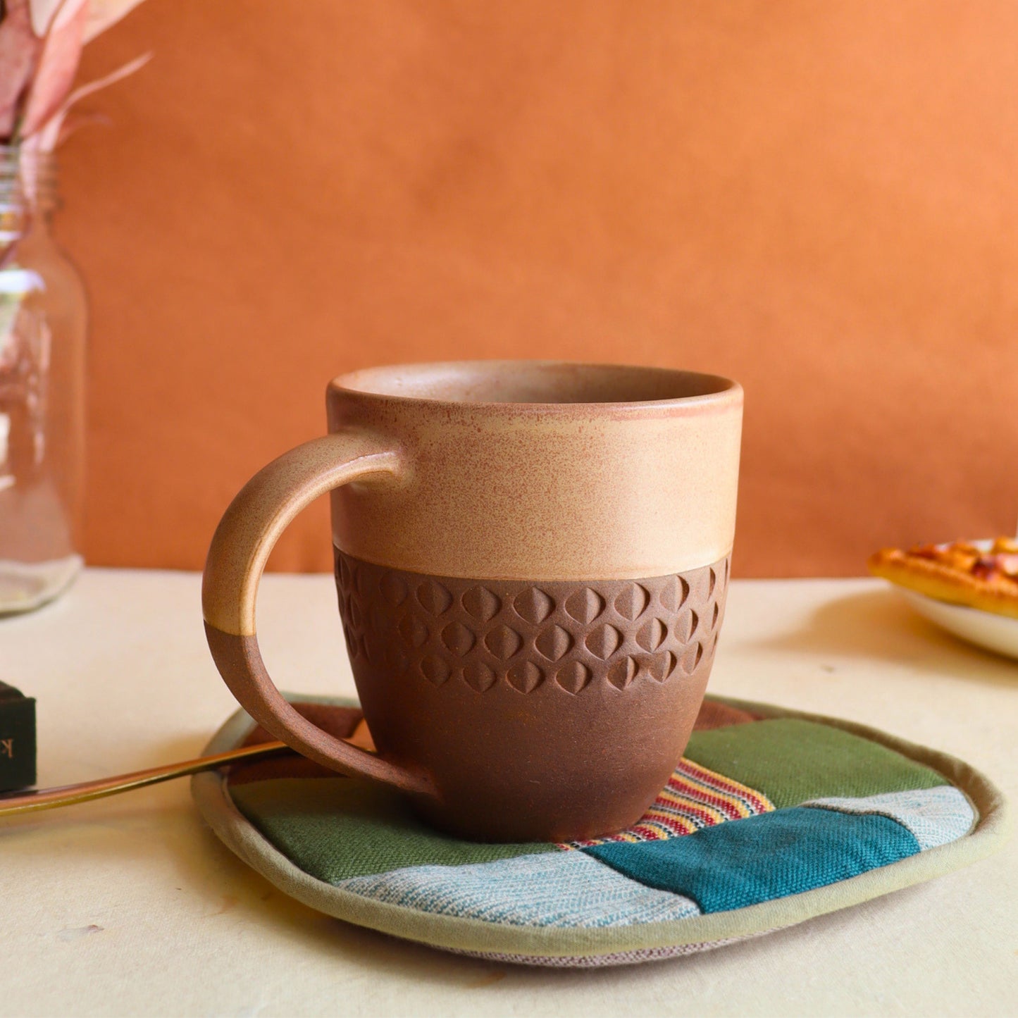 Rustic Two-Tone Coffee Mug - Earthy Brown & Carved Terracotta - Aksa Home Decor 