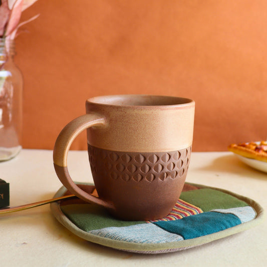 Rustic Two-Tone Coffee Mug - Earthy Brown & Carved Terracotta