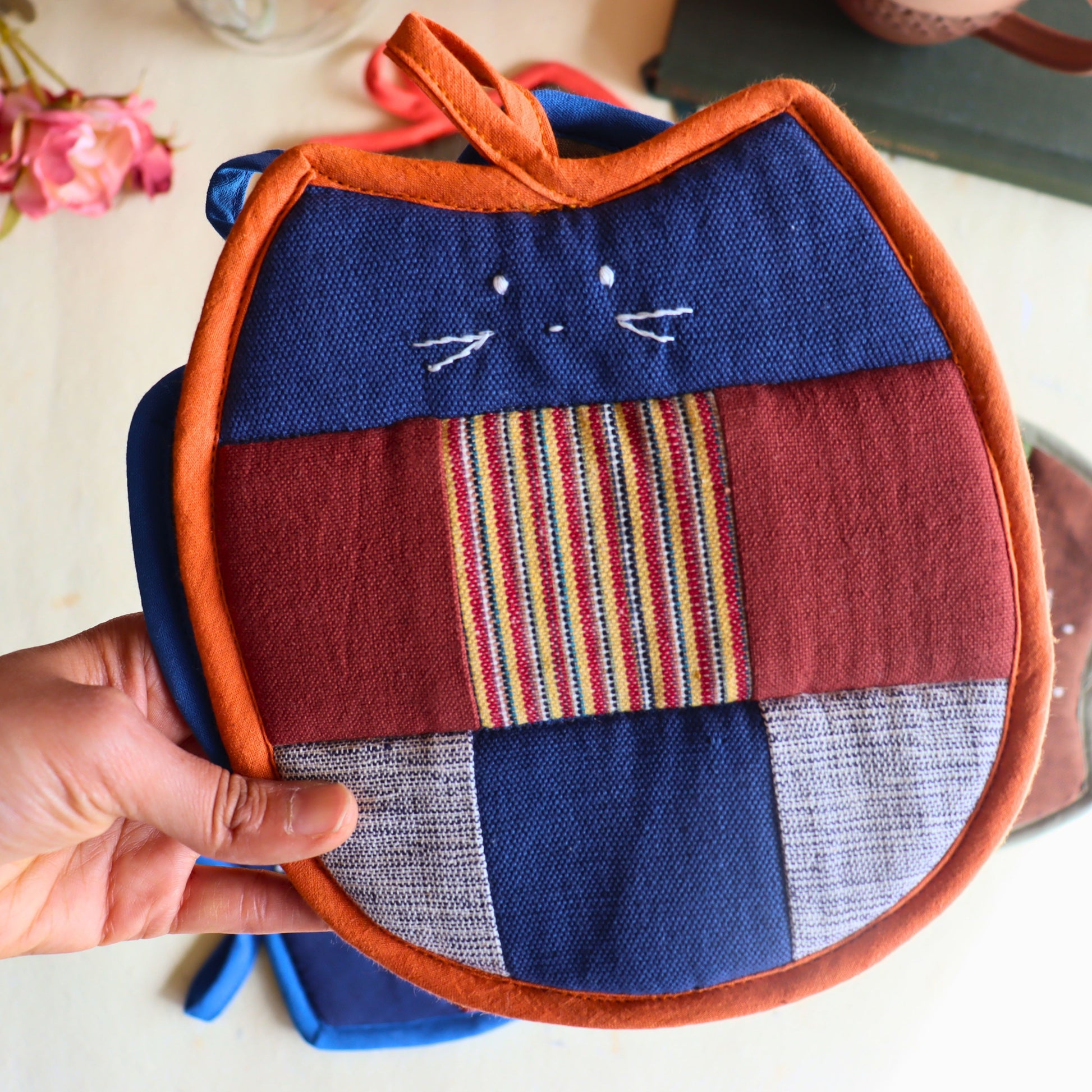 Assorted Colors Boho Cotton Cat Trivet | Handwoven Fair Trade Hot Pot Holder - Aksa Home Decor 