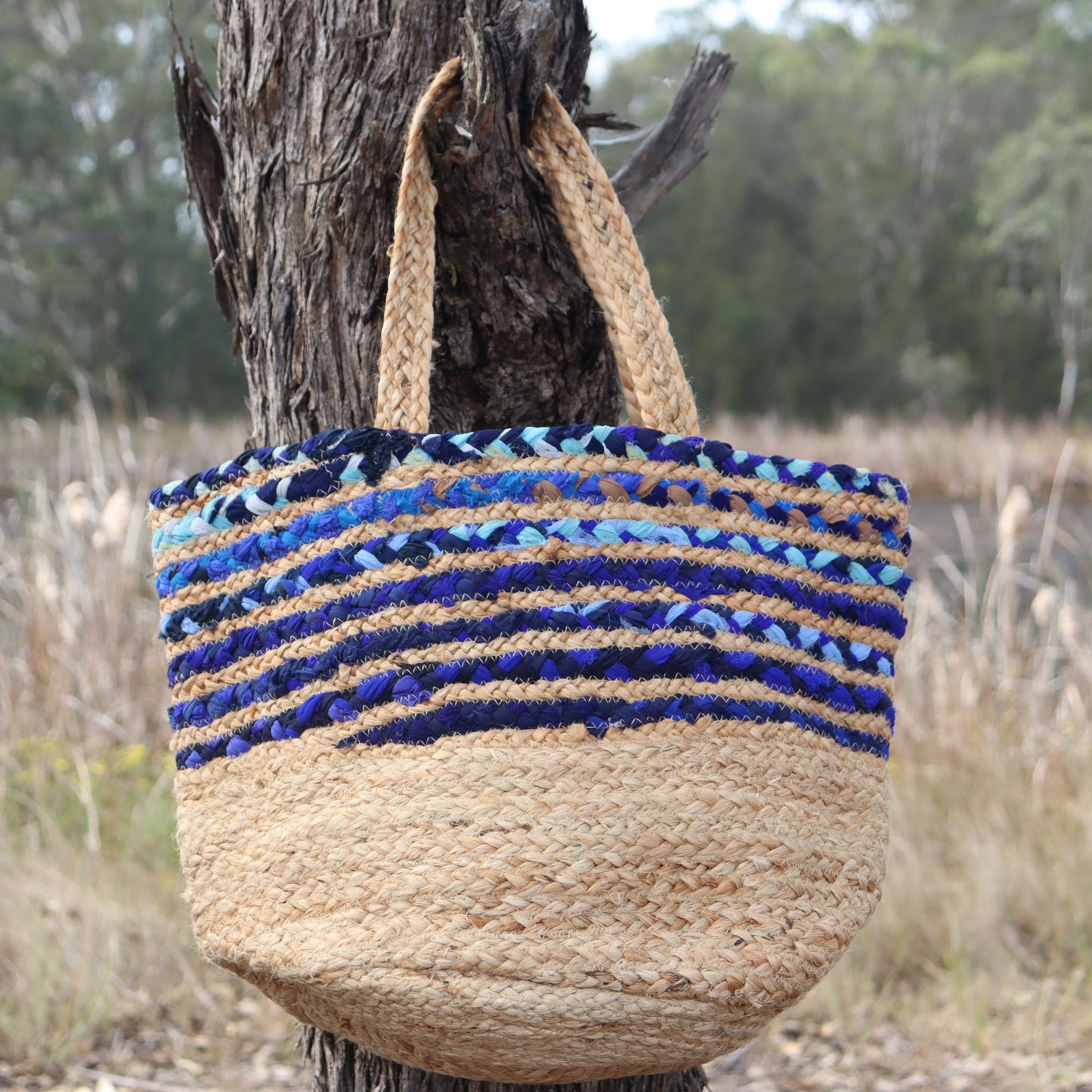 Blue Cloth & Jute Tote Bag, Handmade Upcycled Everyday Grocery Bag - Aksa Home Decor 