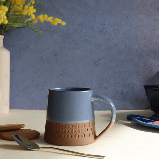 Blue Glazed Ceramic and Terracotta Mug - 400 ml Hand-Thrown Stoneware - Aksa Home Decor 