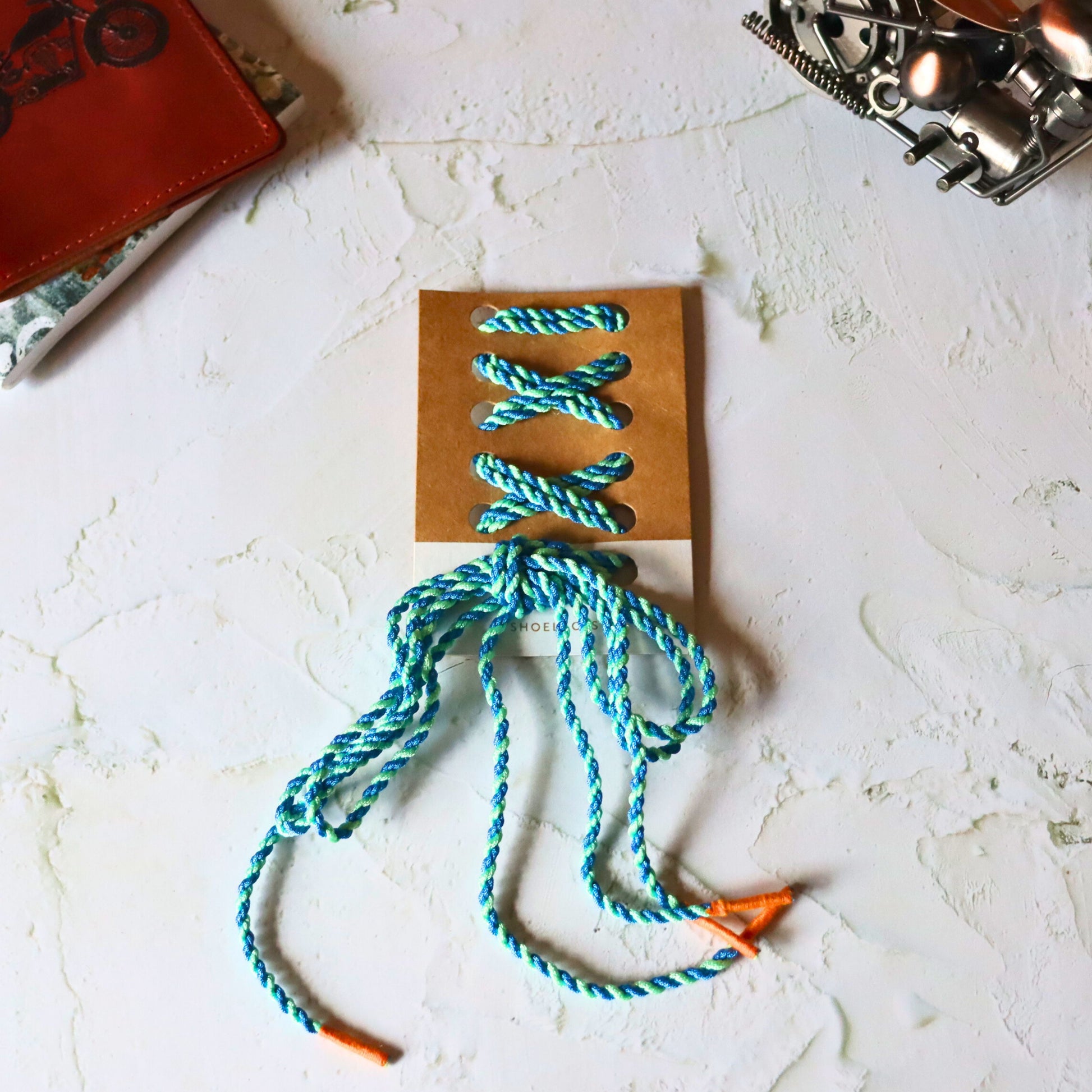 Blue & White Braided Shoelaces with Orange Aglet, Coloured Shoestrings - Aksa Home Decor 