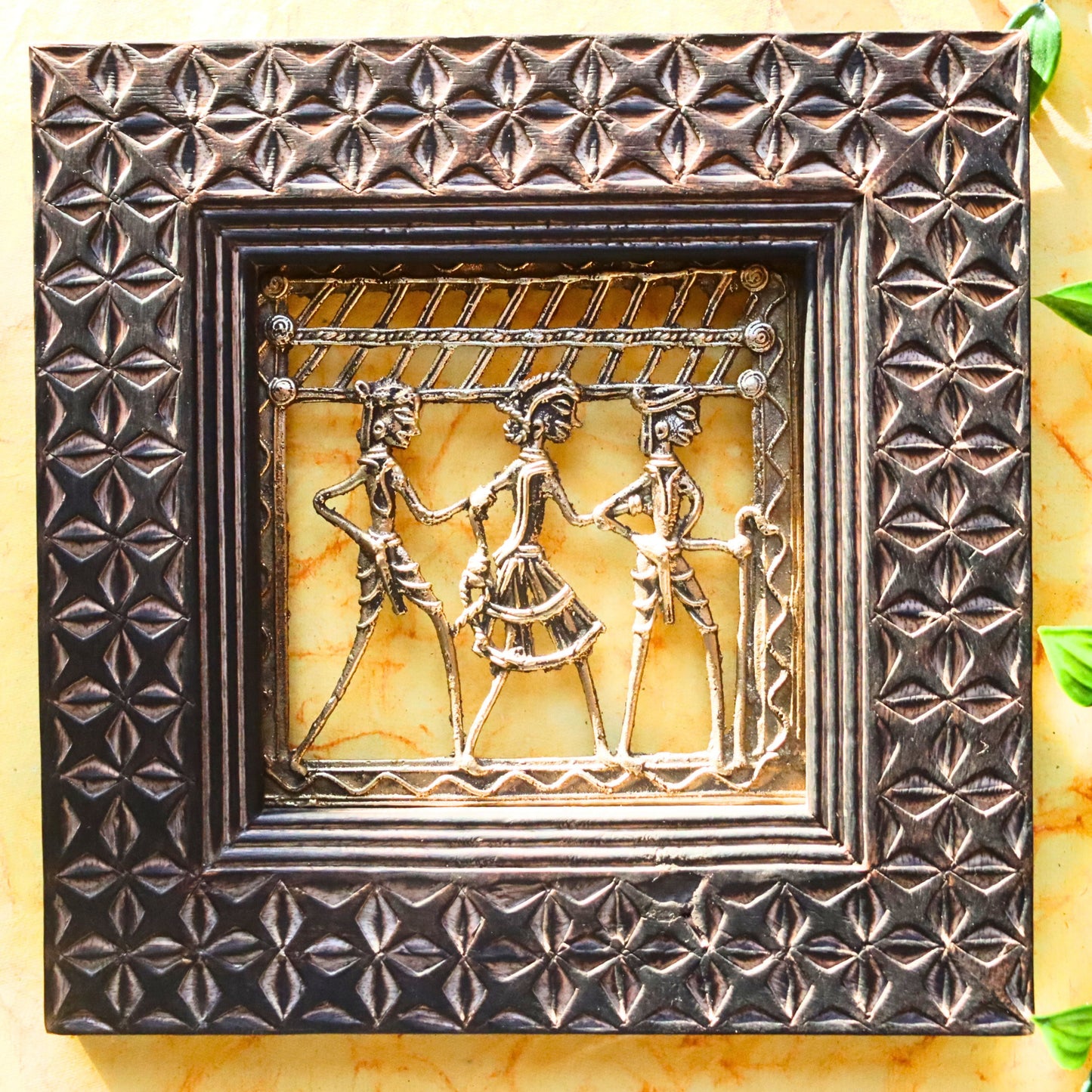 Brass Tribal Art in Wood Frame - Square, Wall Hanging, Ethnic Decor - Aksa Home Decor 