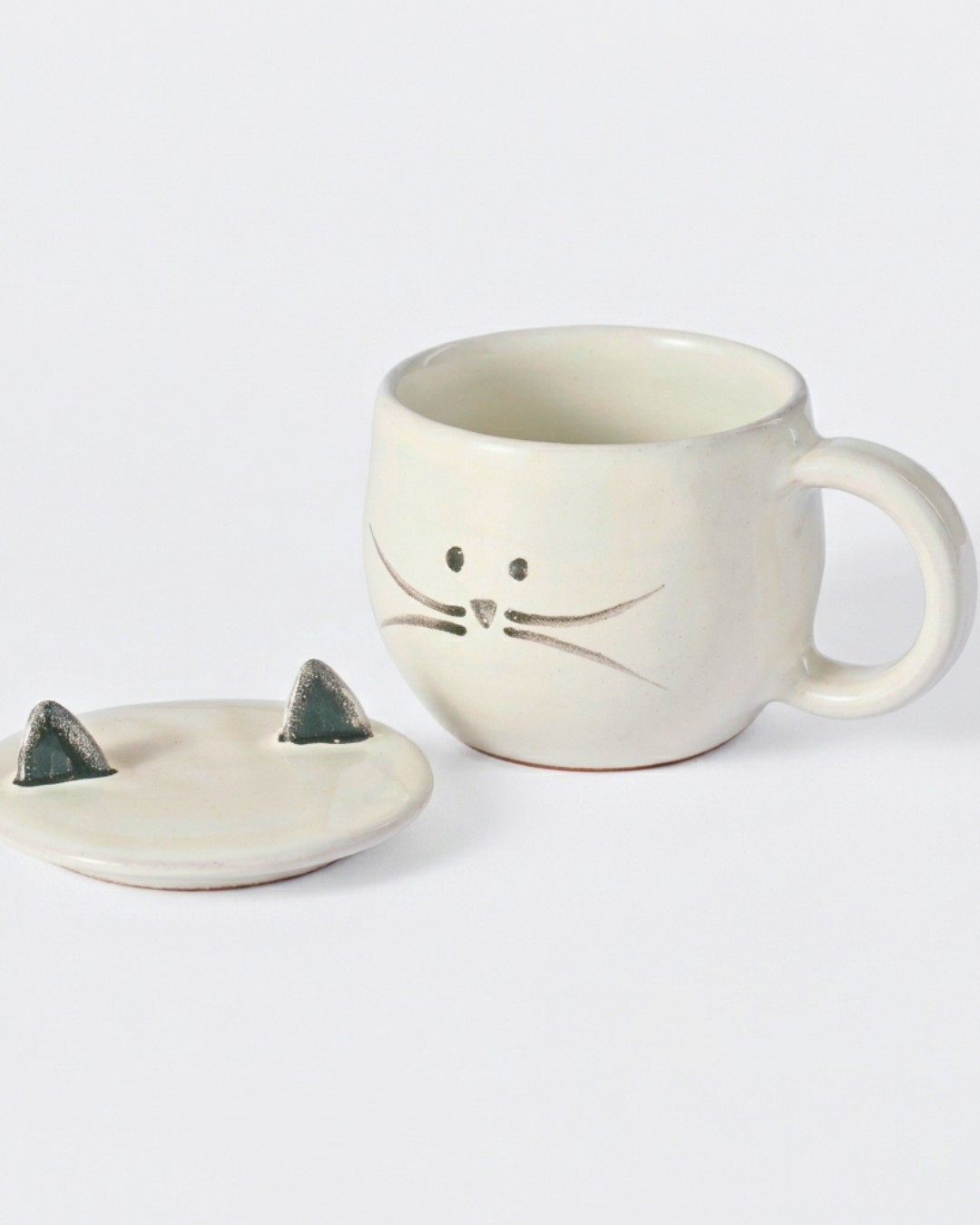 Ceramic Cat Mug with Removable Lid - Handcrafted - Aksa Home Decor 