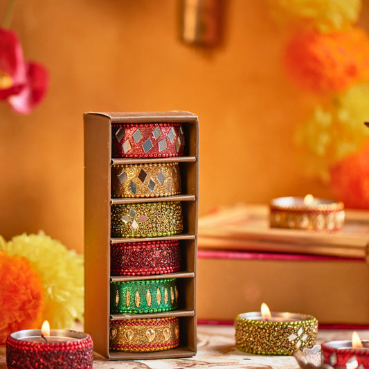 Decorative Tea Light Holders, Set of 6, Colourful Handmade Diya - Aksa Home Decor 