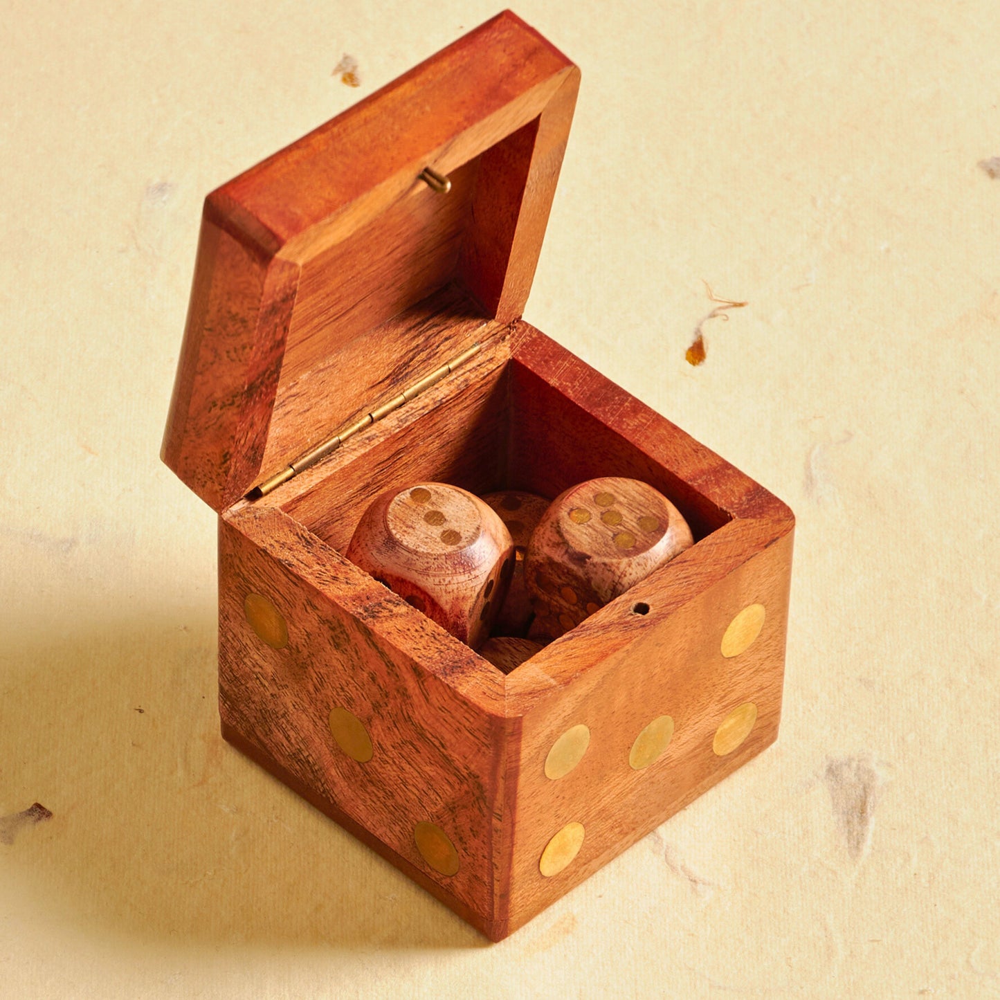 Wood & Brass Dice in Box Set of 6, Handcrafted Sustainable Dice Storage
