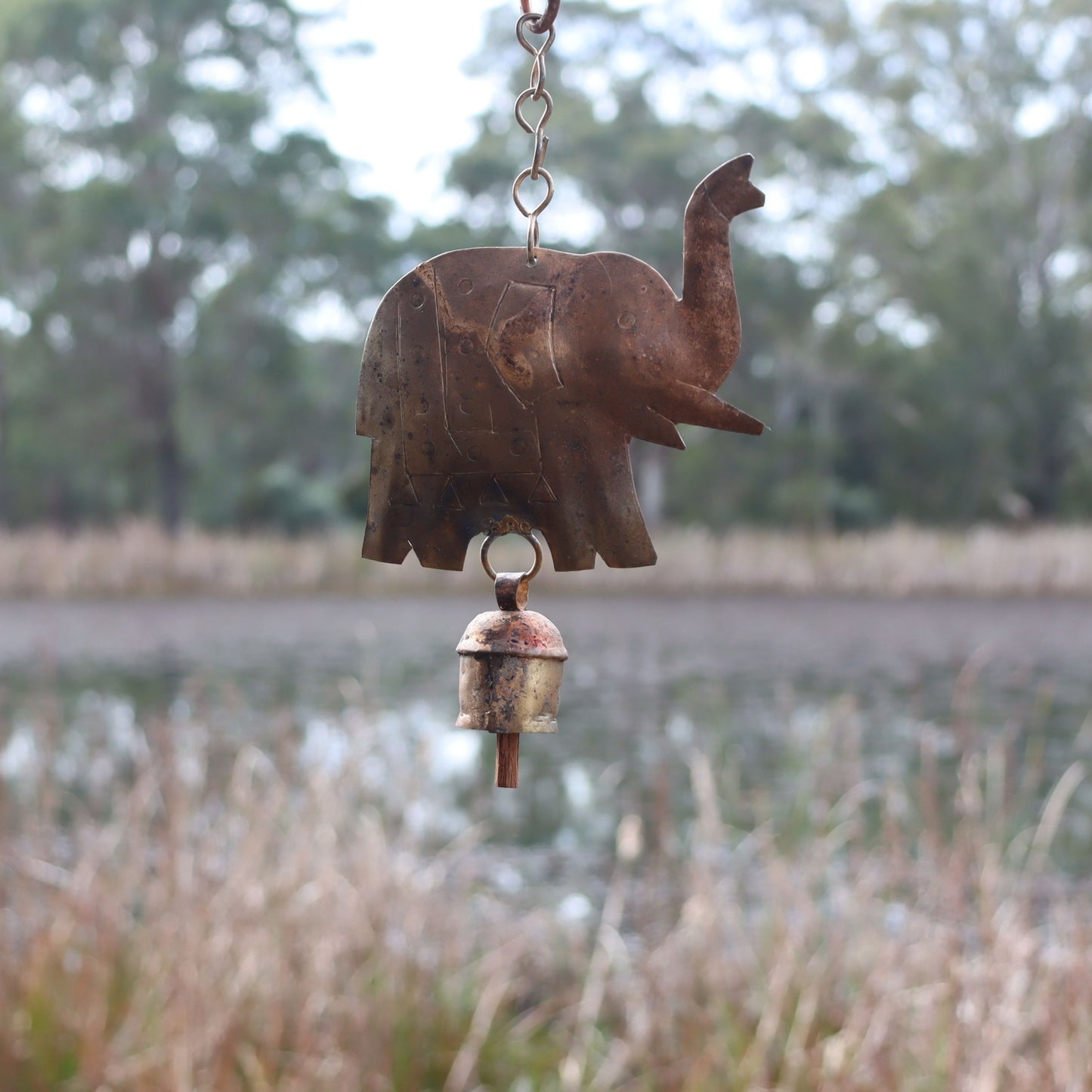 Elephant Decorative Chime with Bell, Rustic Hand-tuned Recycled Metal - Aksa Home Decor 